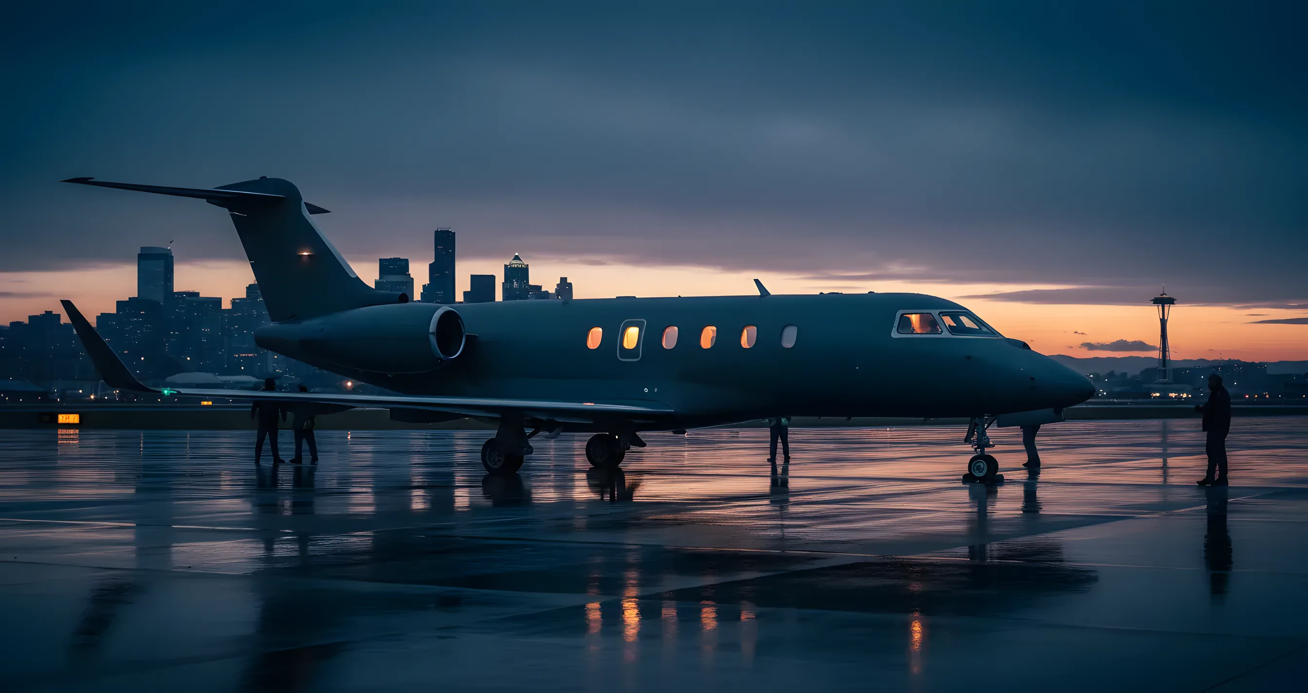 A private jet on an airfield tarmac with the Seattle skyline visible at dusk.