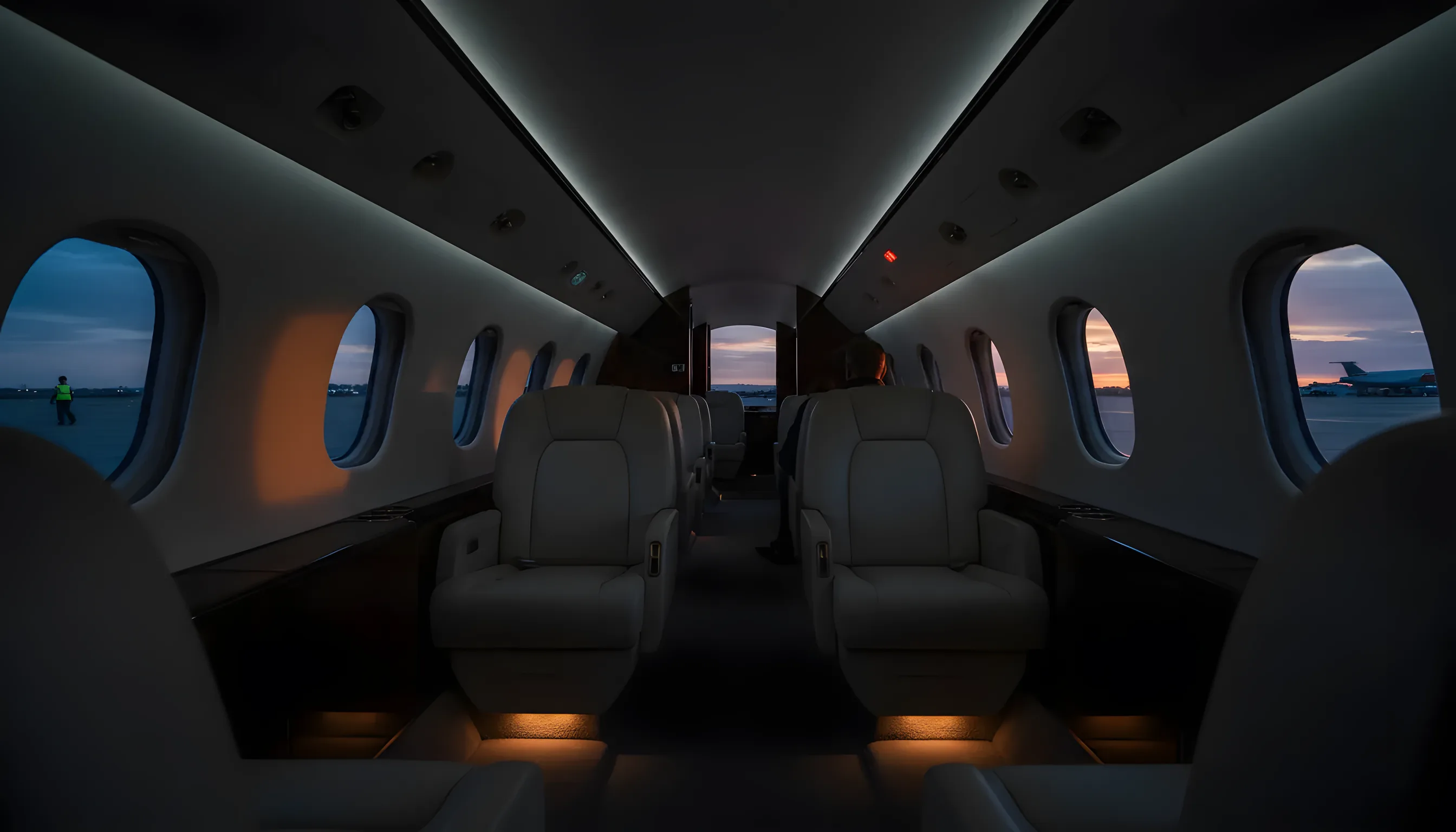 Sunlit interior of an empty, luxurious private jet cabin with plush leather seats.