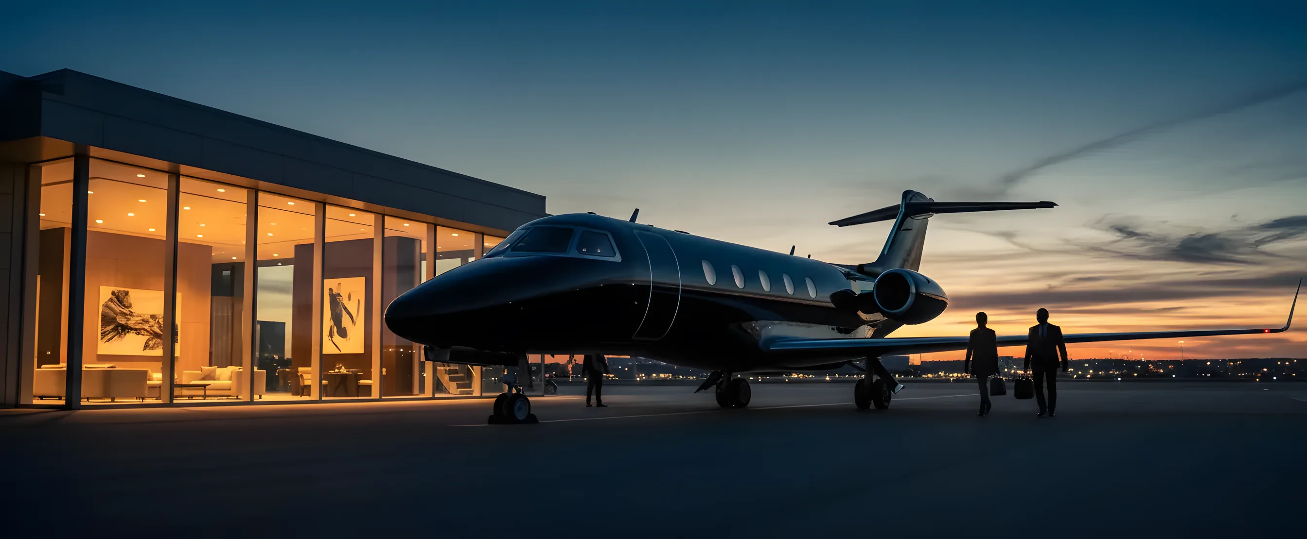 A private jet on the tarmac at dusk with passengers walking towards it from a modern airport lounge.