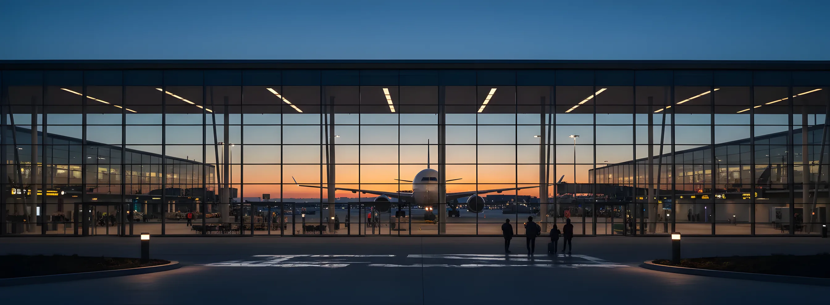 A modern airport terminal at dusk with a large passenger jet visible through glass walls.