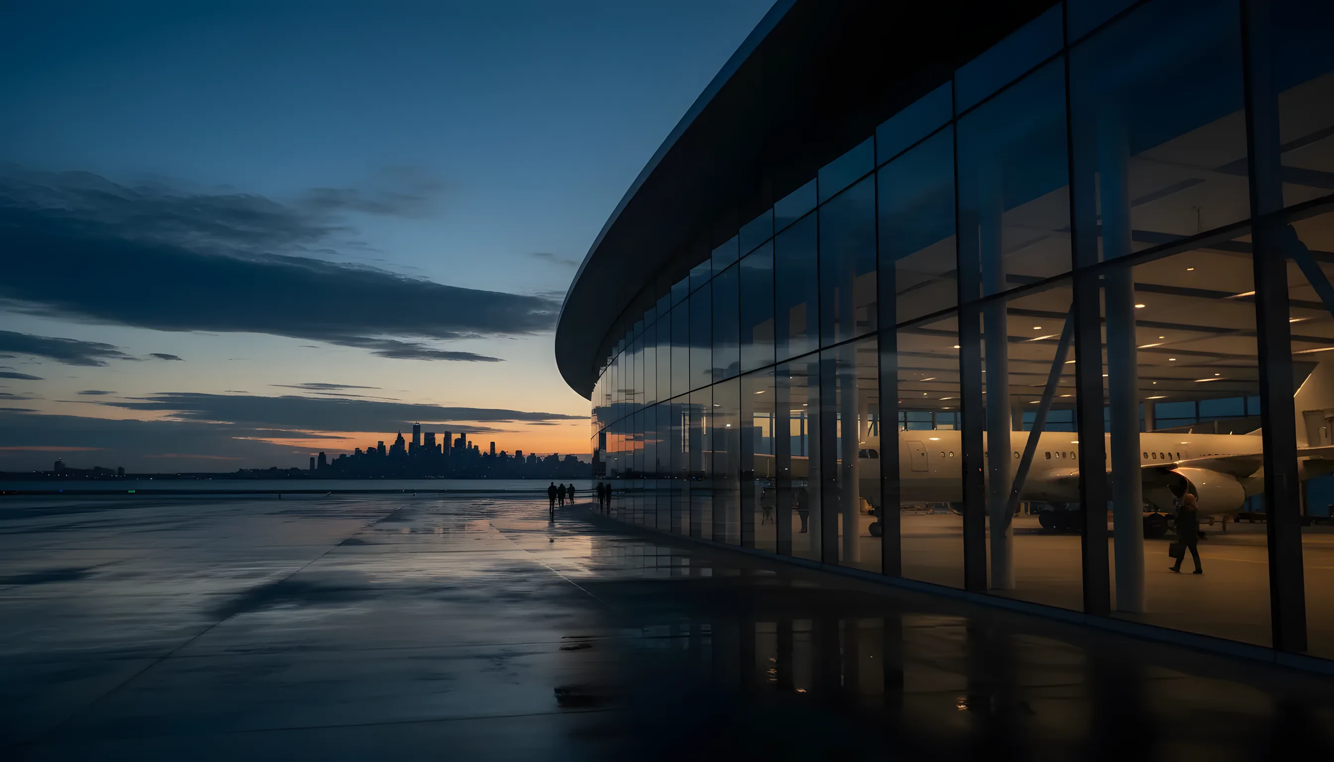 Modern airport terminal at dusk with a passenger jet at the gate and a city skyline in the background.