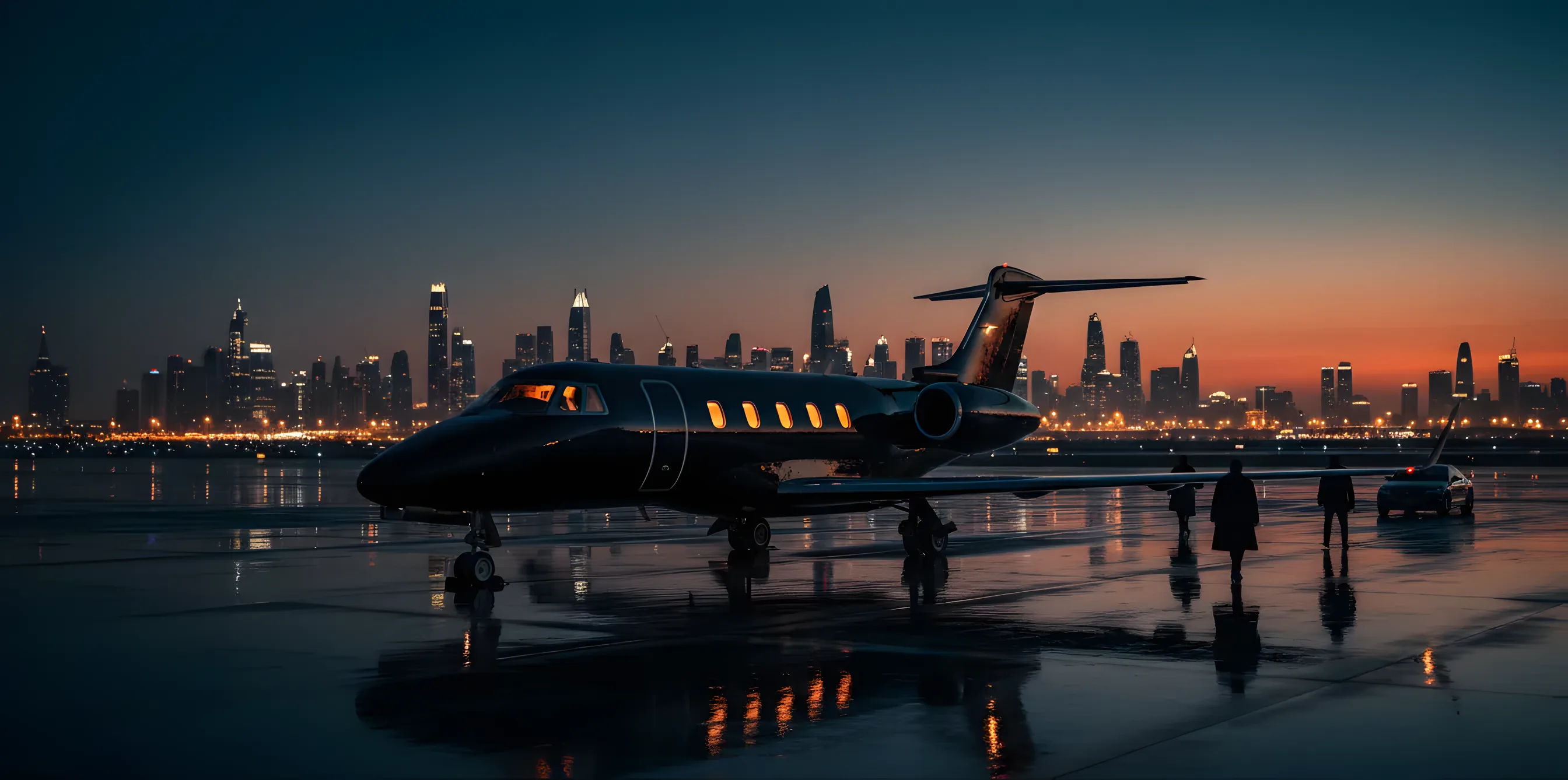 A private jet on an airport tarmac at dusk with a city skyline in the background.