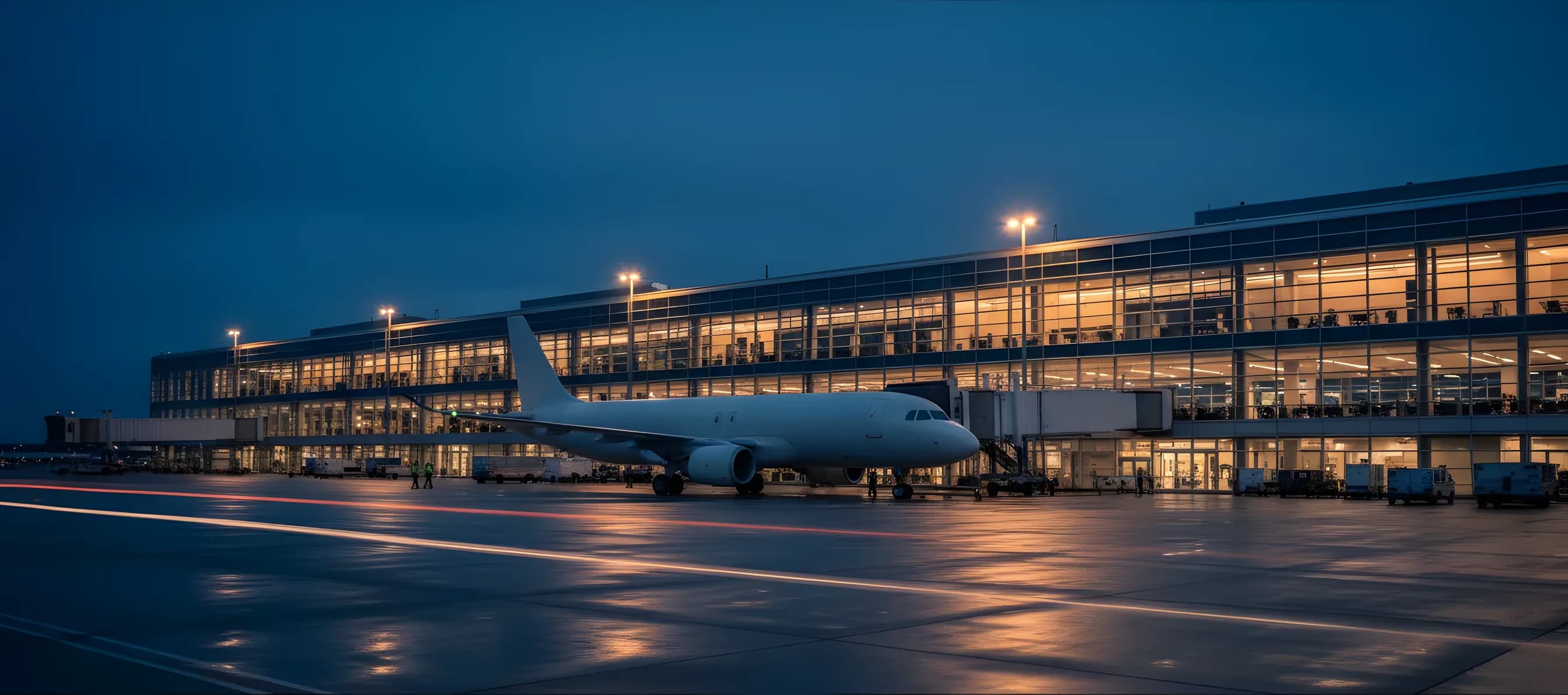 A modern airport terminal at dusk with a passenger jet parked at the gate, illuminated by warm interior lights.