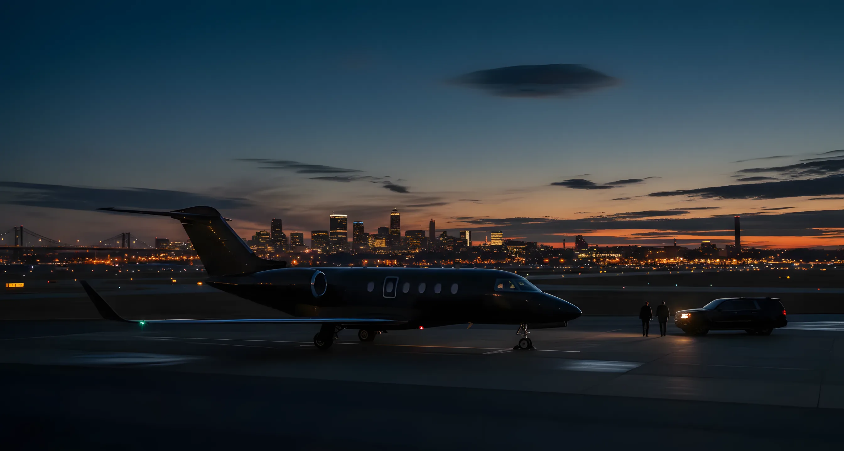 A private jet on an airfield tarmac at dusk, with the Springfield city skyline in the background.