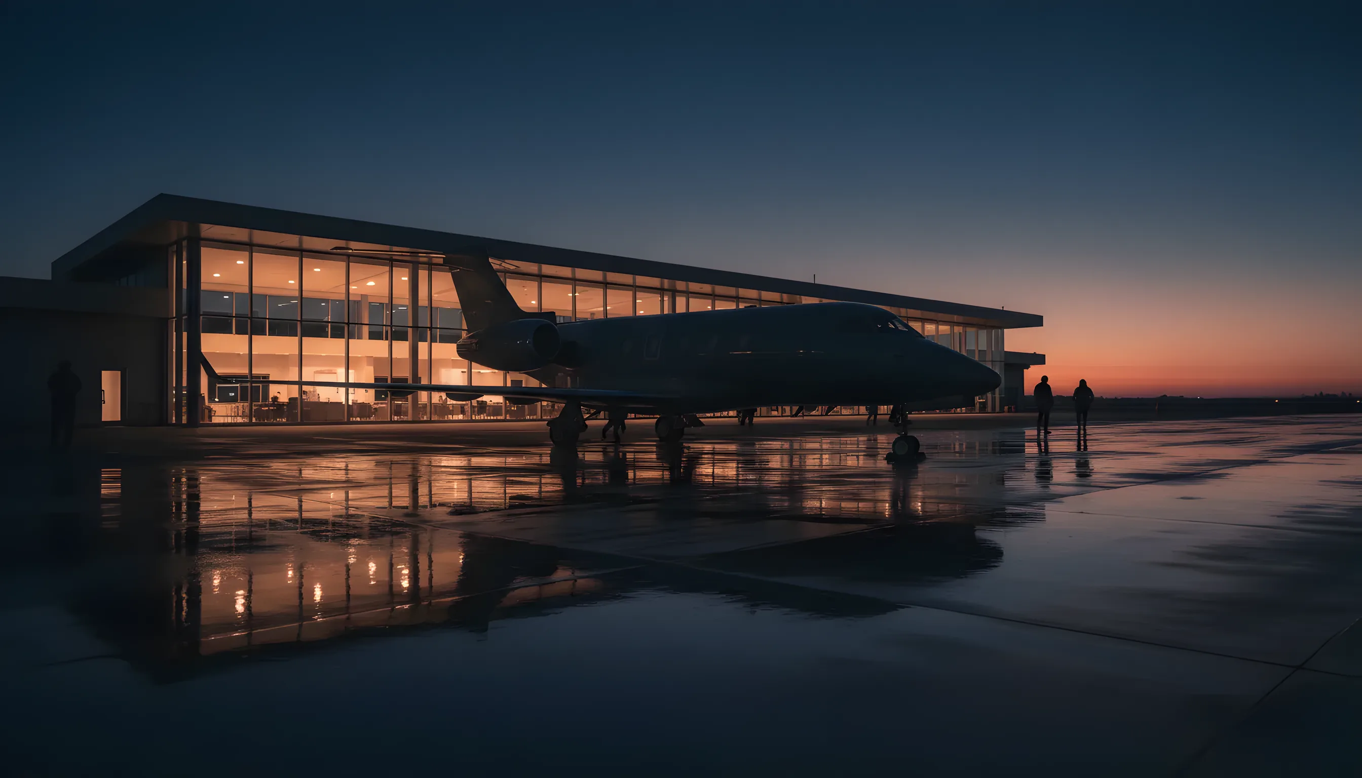 A private jet on an airport tarmac at dusk, with a modern, warmly lit terminal in the background.