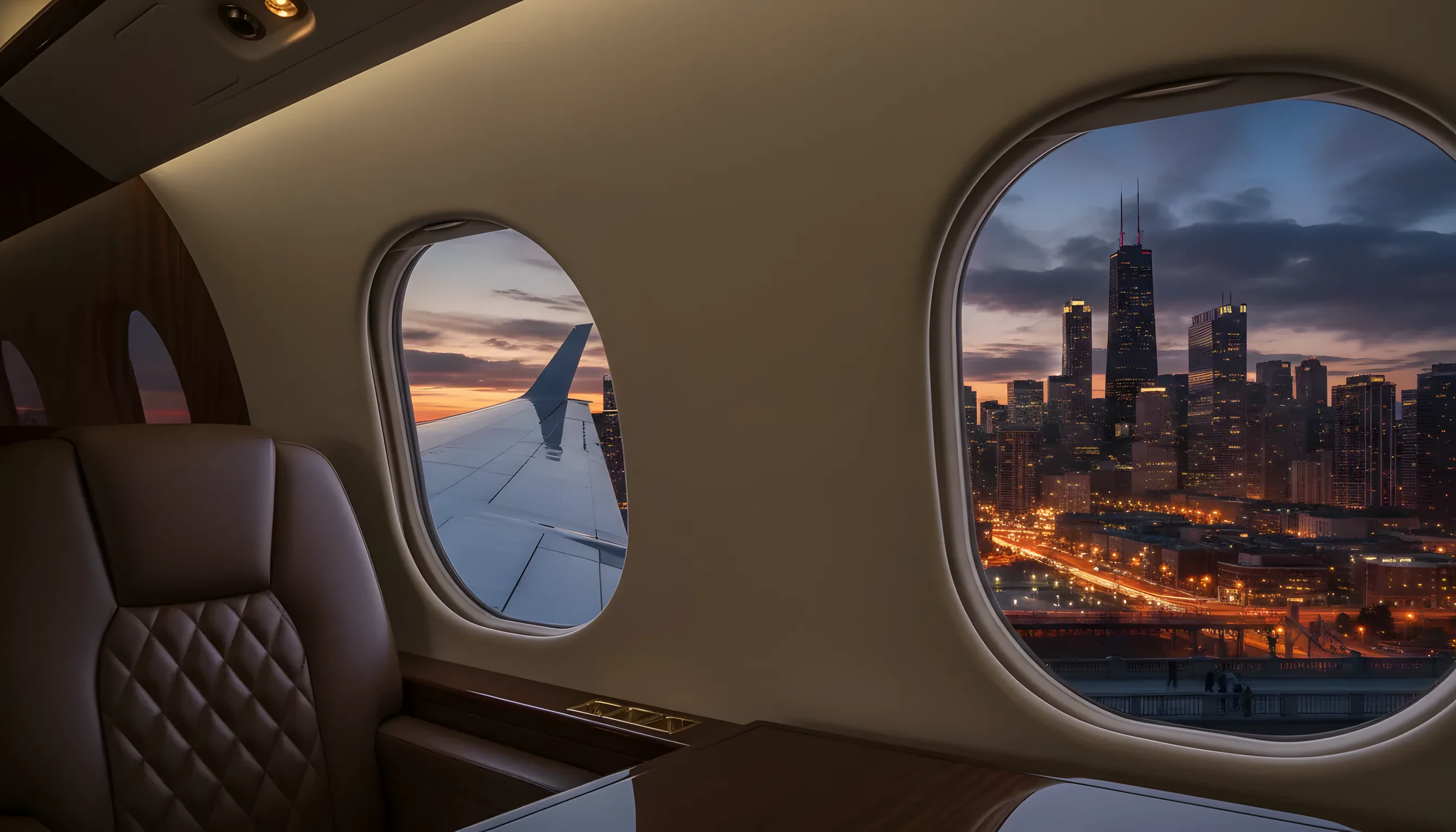 The Chicago skyline and Lake Michigan at dusk, viewed from an airplane window over the wing.