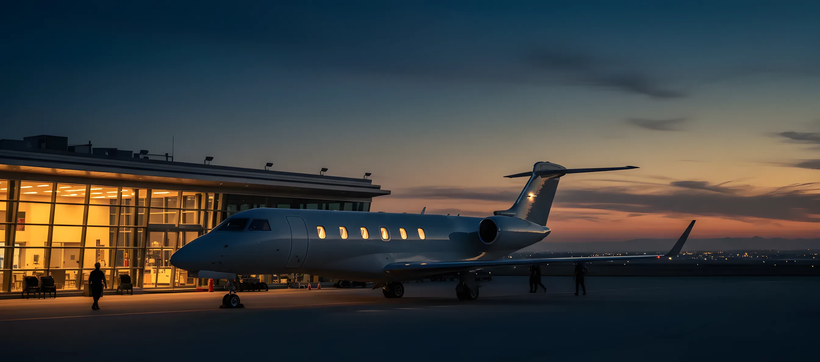 A private jet on an airport tarmac at dusk, with city lights visible in the distance.