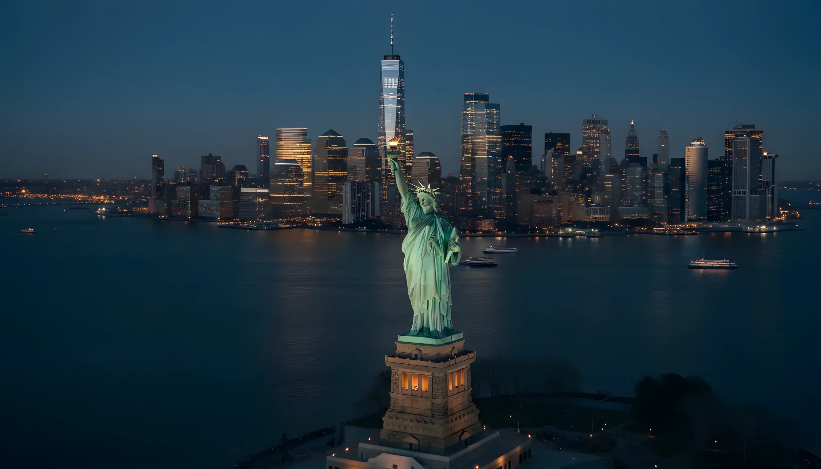 The Statue of Liberty and the Lower Manhattan skyline at twilight, as seen from the air.