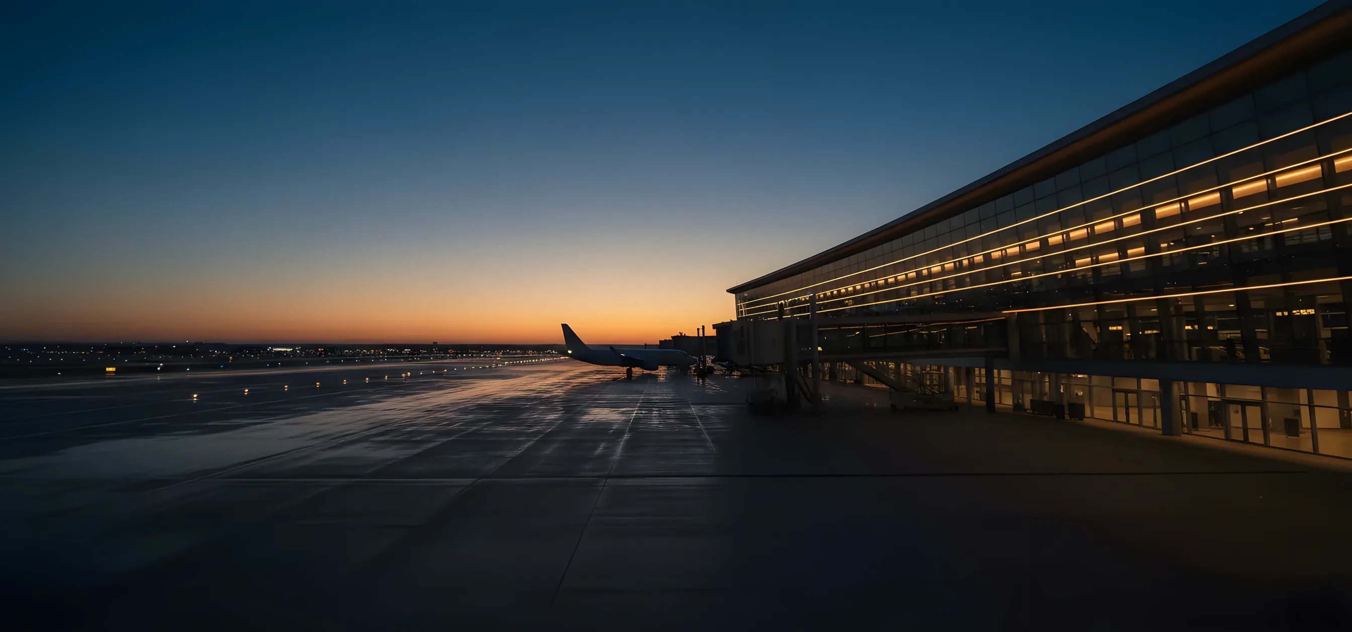 A modern airport terminal and tarmac with a passenger jet at dusk.