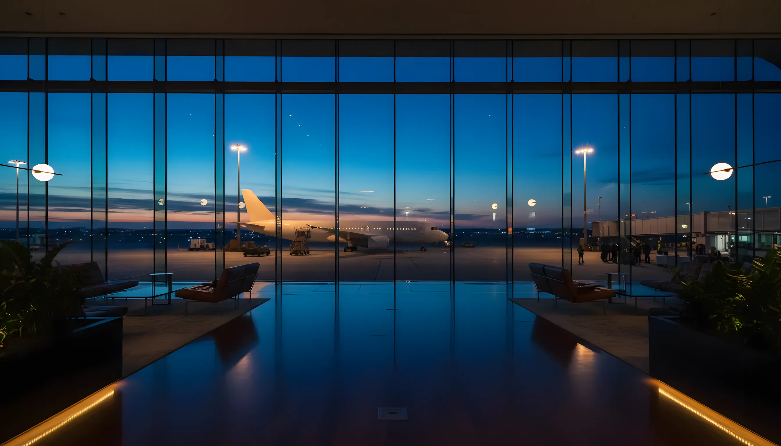 A passenger jet parked at an airport terminal gate at dusk, viewed from inside the terminal.