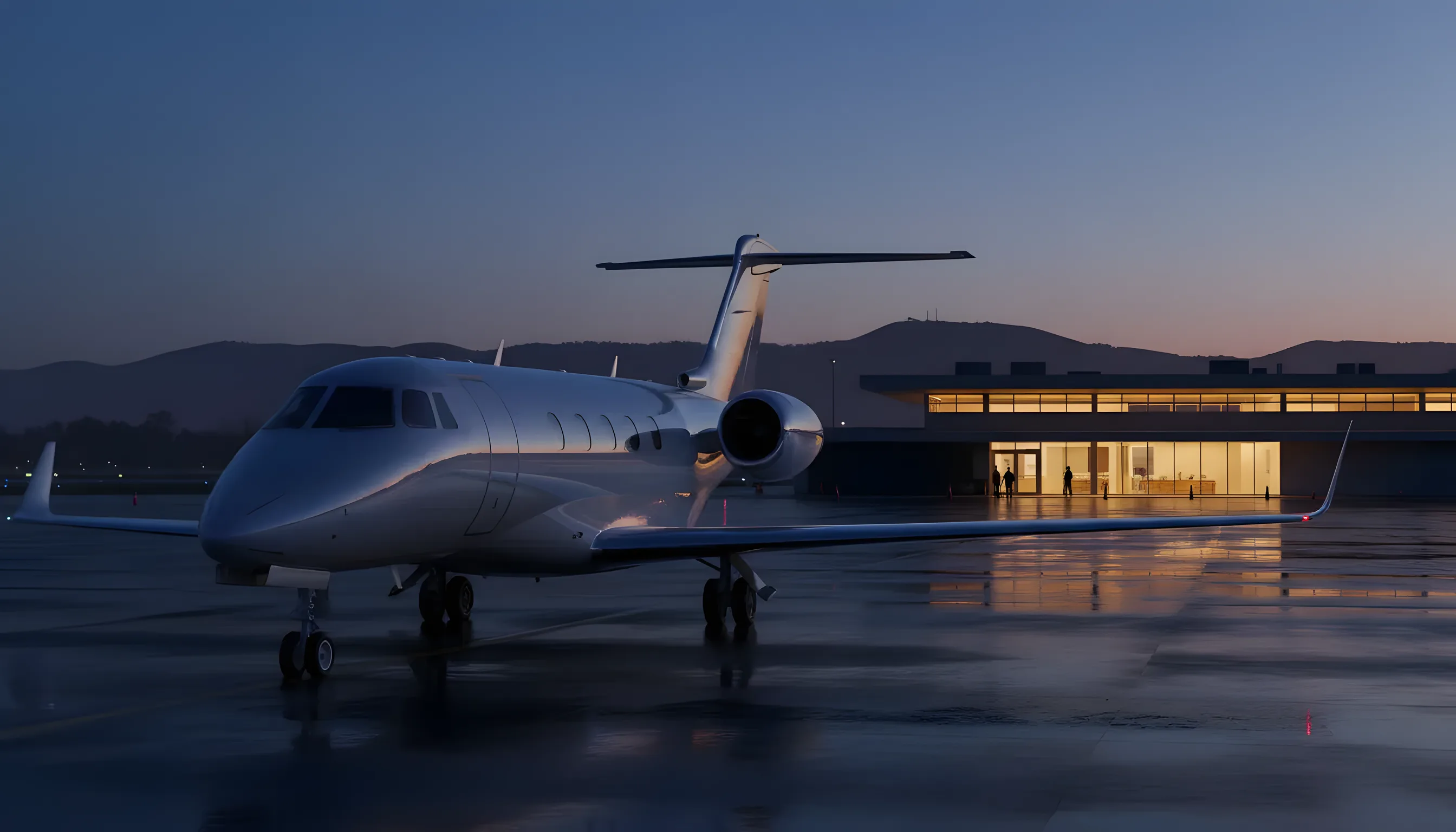 A private jet on an airport tarmac at dusk, with a modern terminal building glowing in the background.