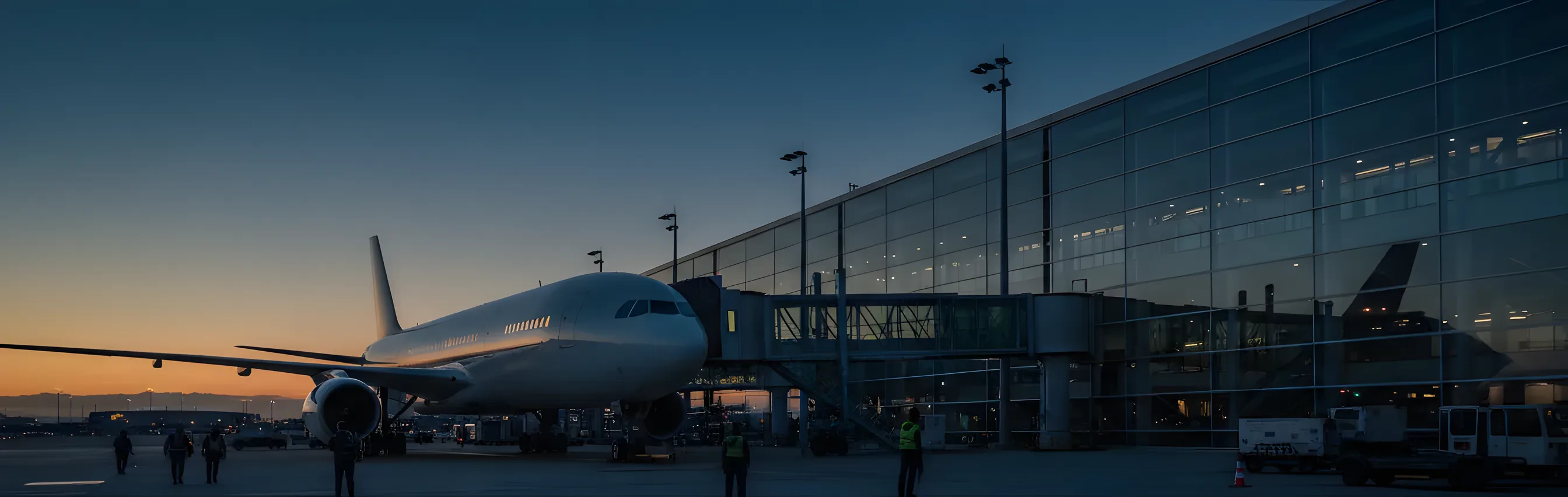 A passenger jet parked at a modern airport terminal gate at dusk.