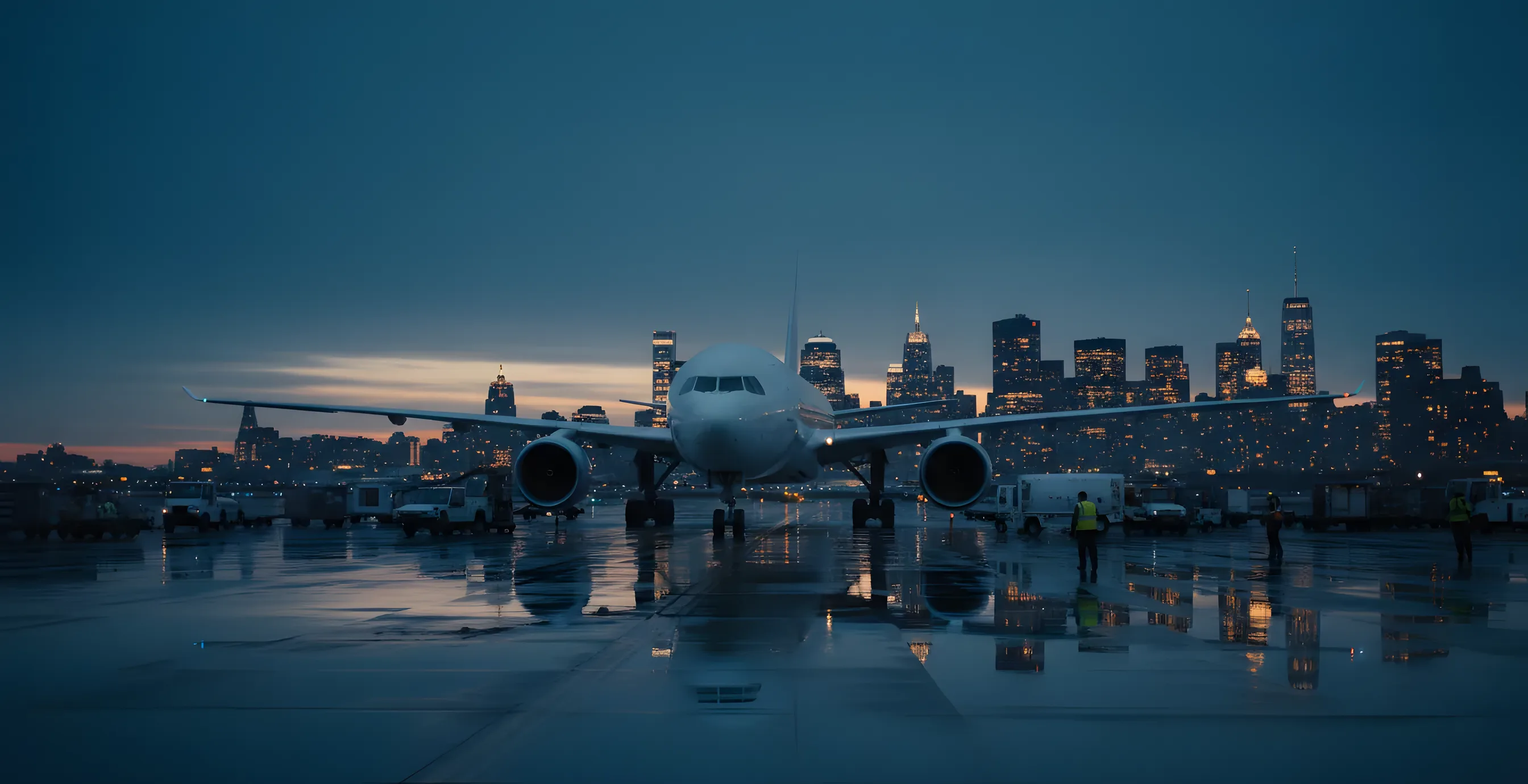 A passenger jet on the tarmac at an airport at dusk, with the distant New York City skyline glowing against a navy blue sky.