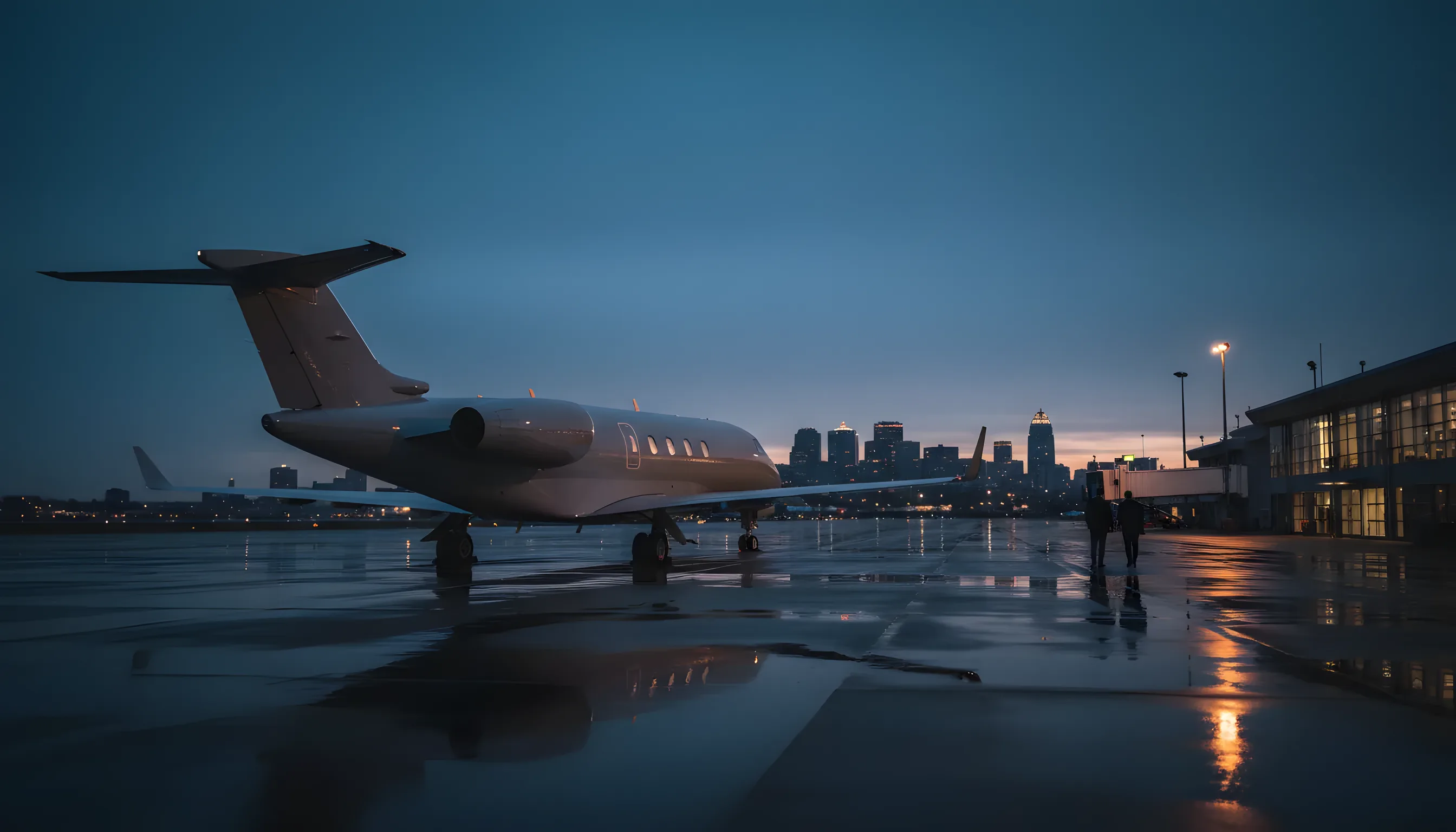 A private jet on an airport tarmac at dusk with the Syracuse city skyline in the distance.