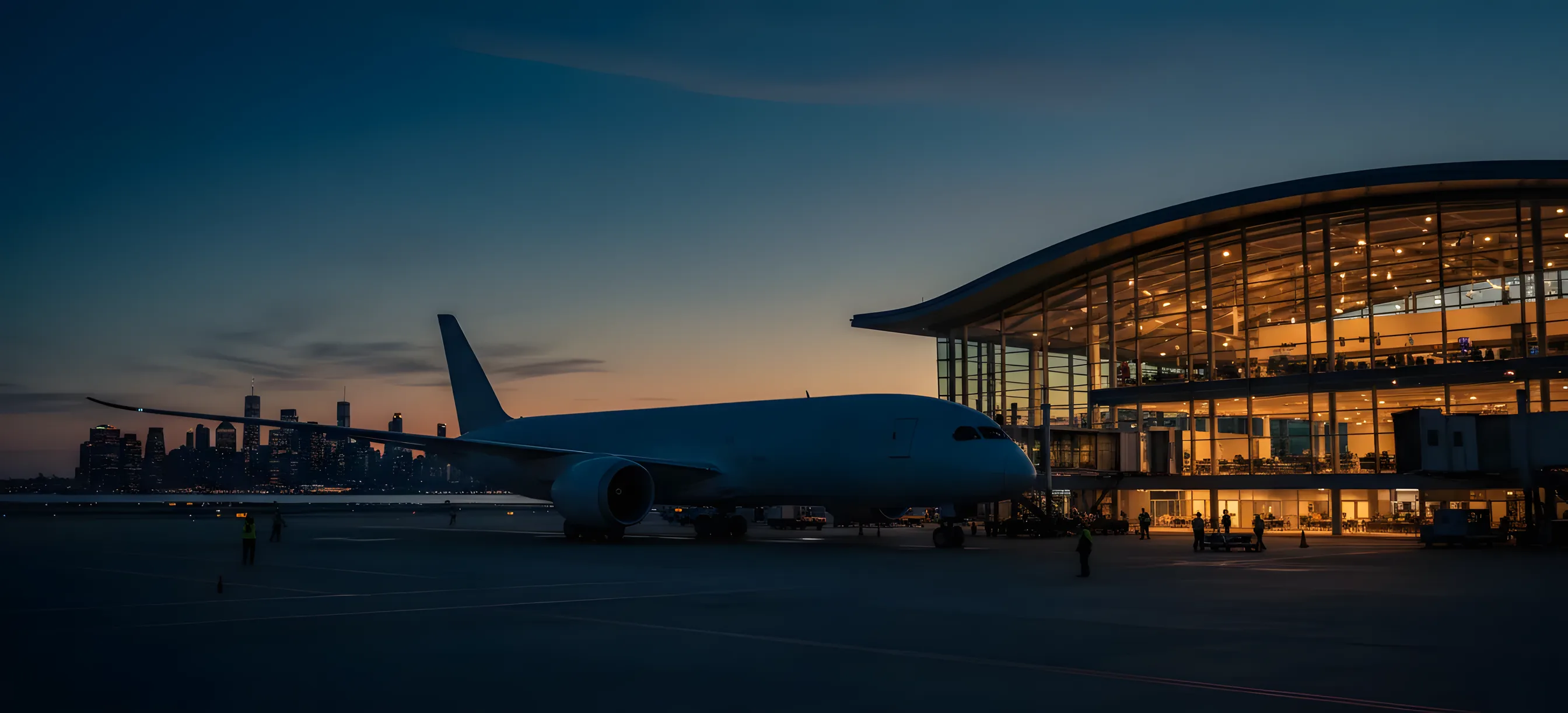 A passenger jet at a Newark Airport terminal gate just after sunset, with the New York City skyline in the background.