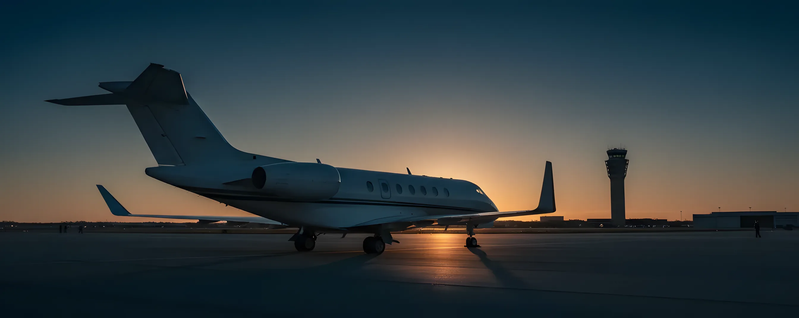 A white private jet on an empty airport tarmac at sunrise, with the JFK control tower in the background.