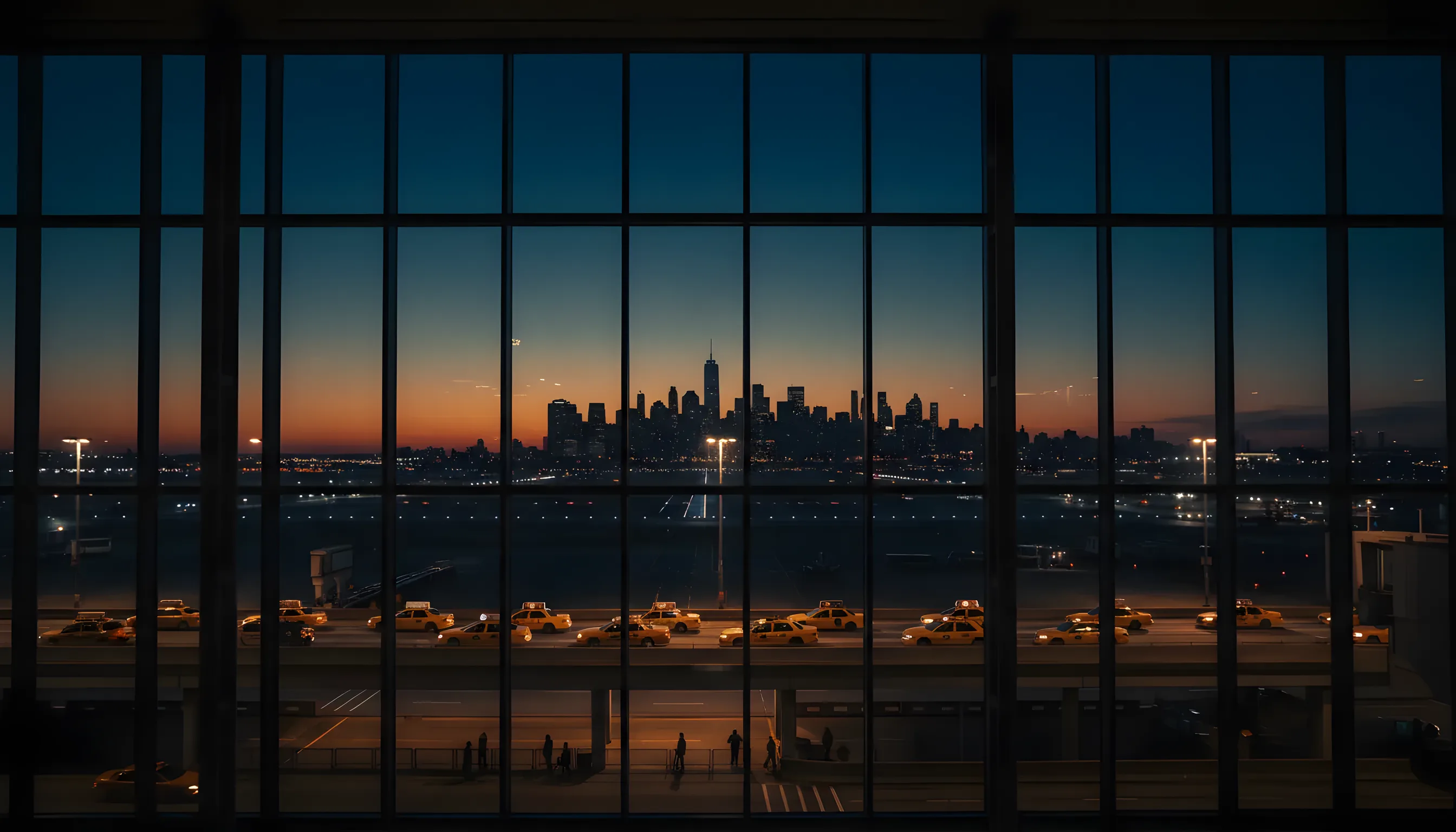 A line of yellow taxis waiting outside an airport terminal at dusk, with a city skyline visible in the far distance.