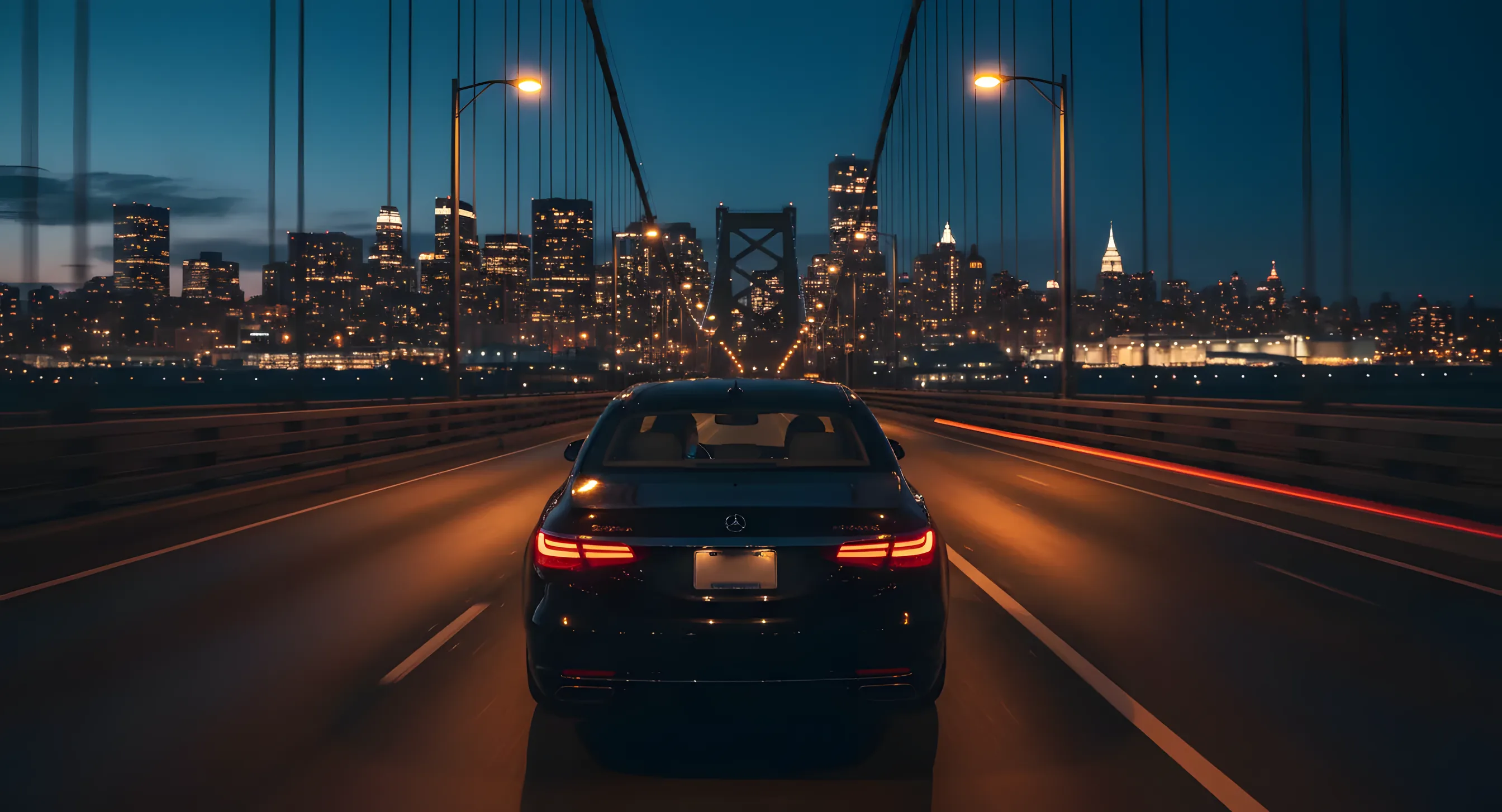 A luxury sedan drives on a highway towards a city skyline at dusk.