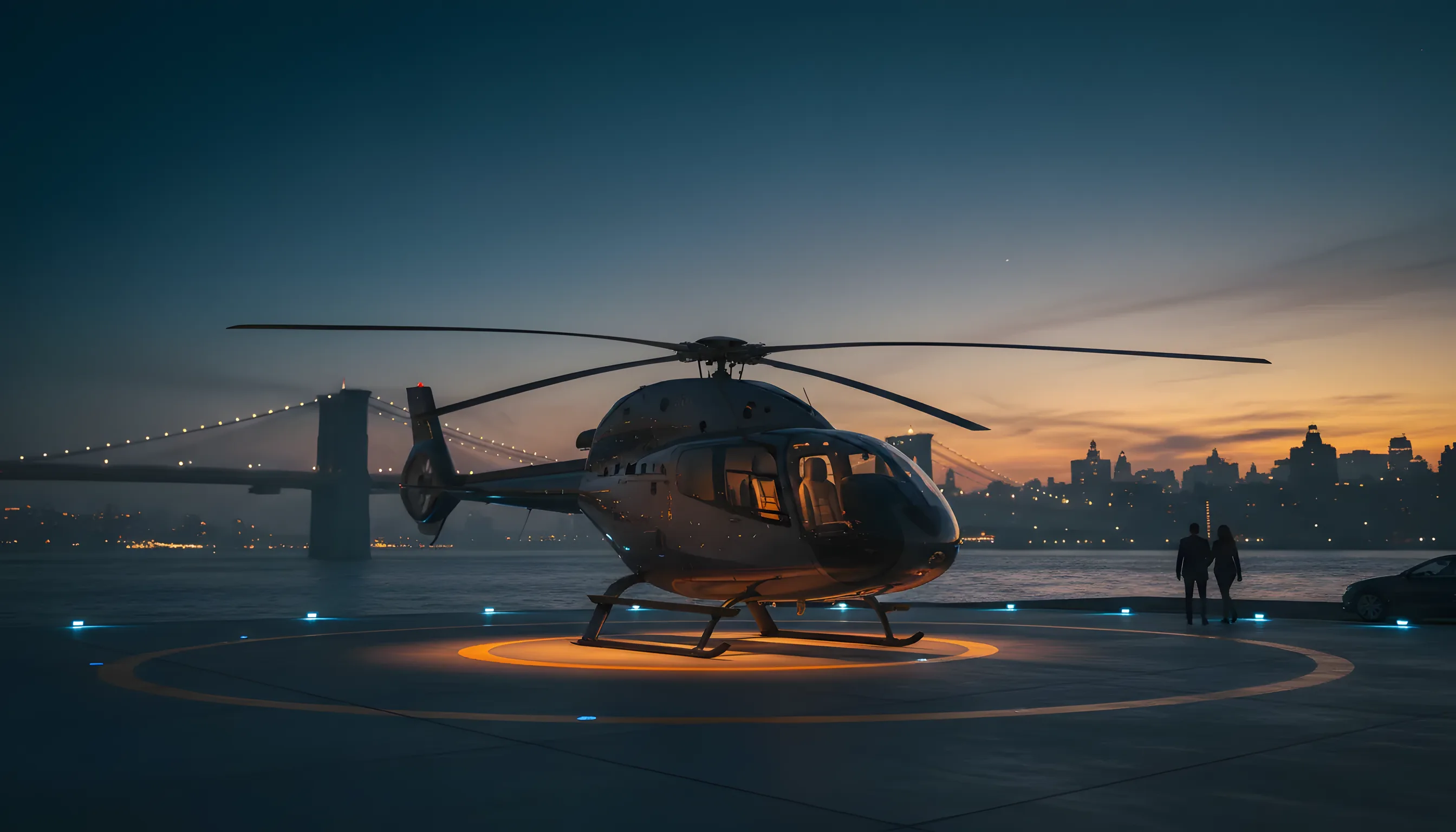 A helicopter on a helipad overlooking a New York City river and bridge at sunrise.