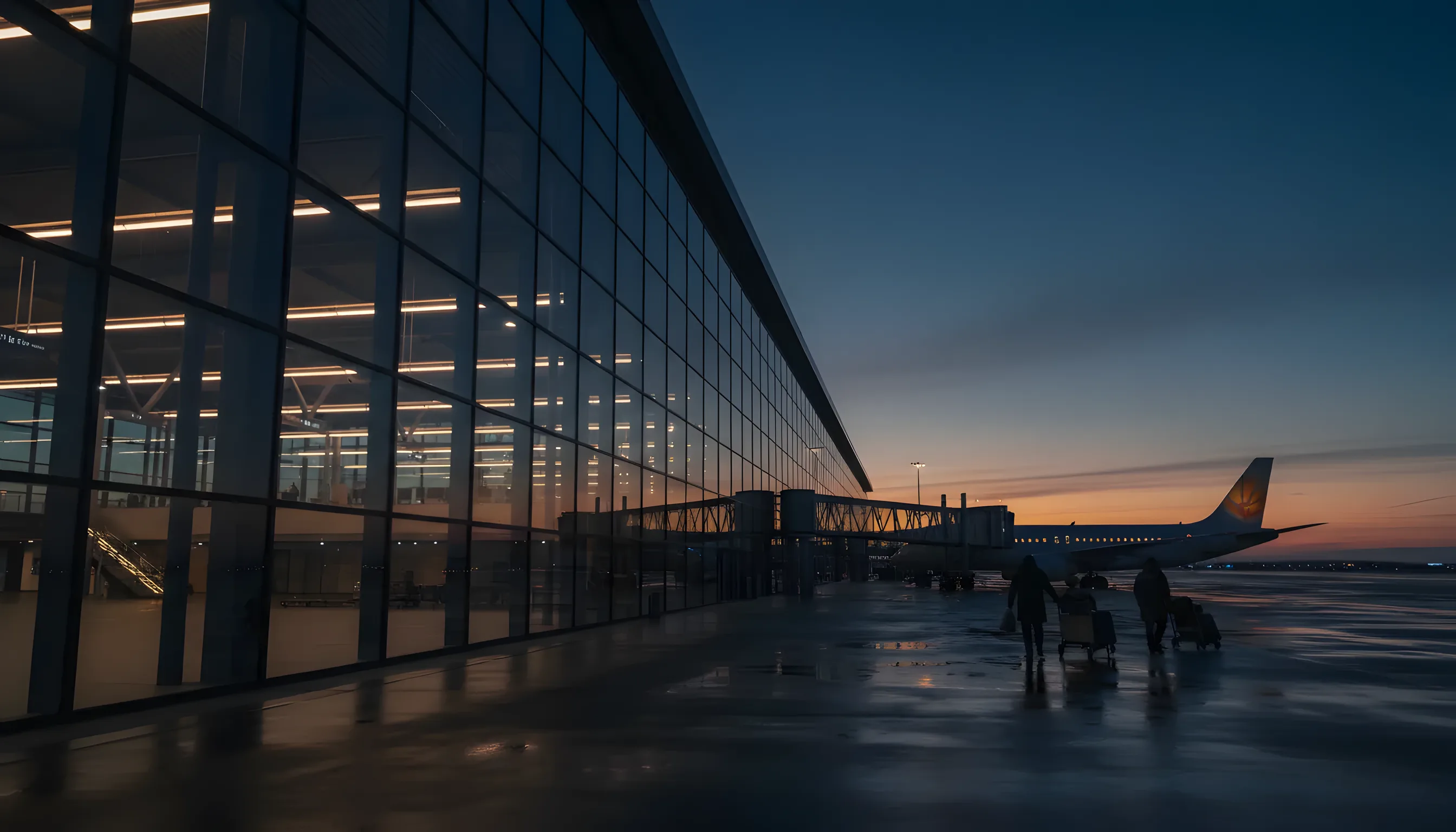 A modern airport terminal with a glass facade glows with warm light against a dark blue evening sky.