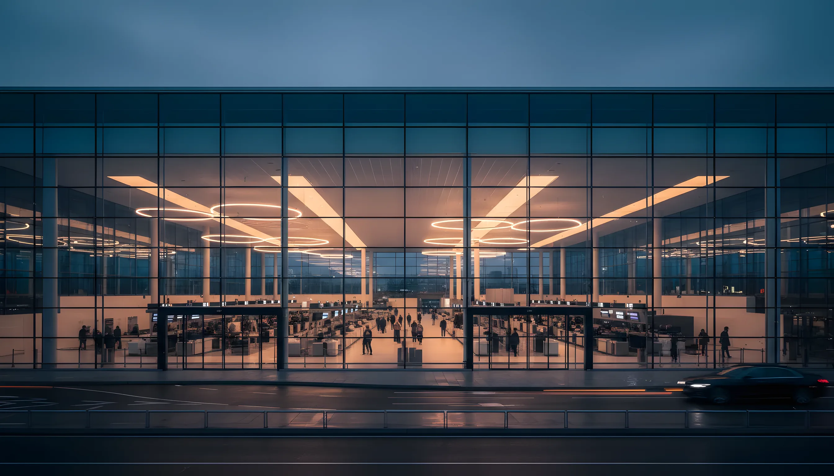 A modern airport terminal with a glass facade glowing with warm lights at dusk.