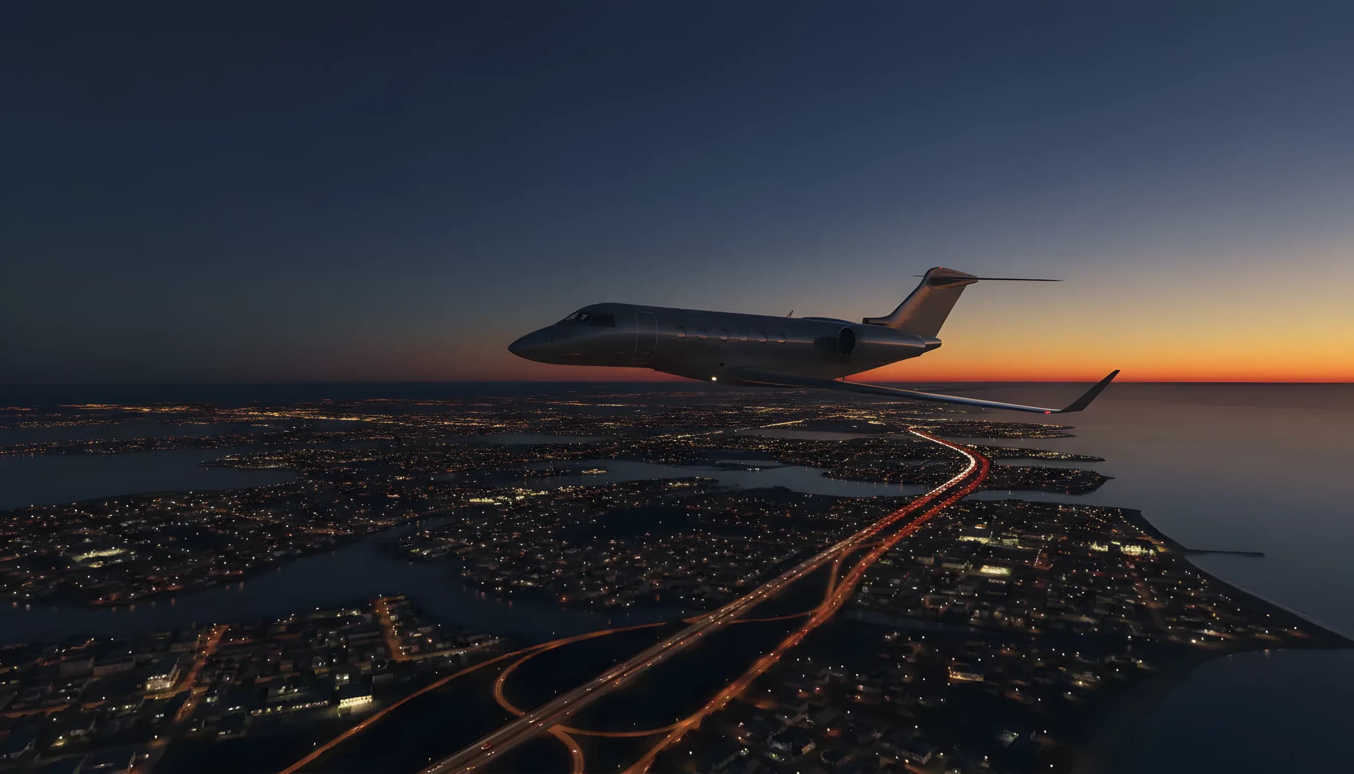 A private jet flies over the Long Island coast at sunset, with town lights visible below.