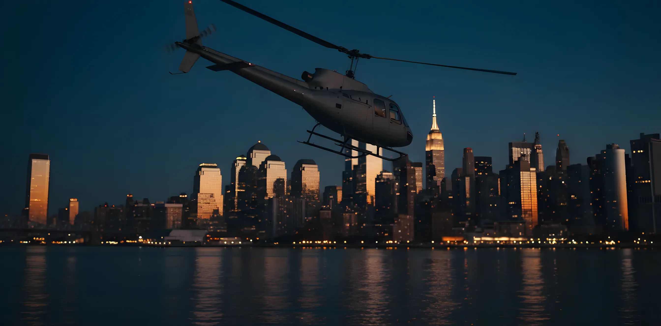 A helicopter flies towards the Manhattan skyline at dusk.