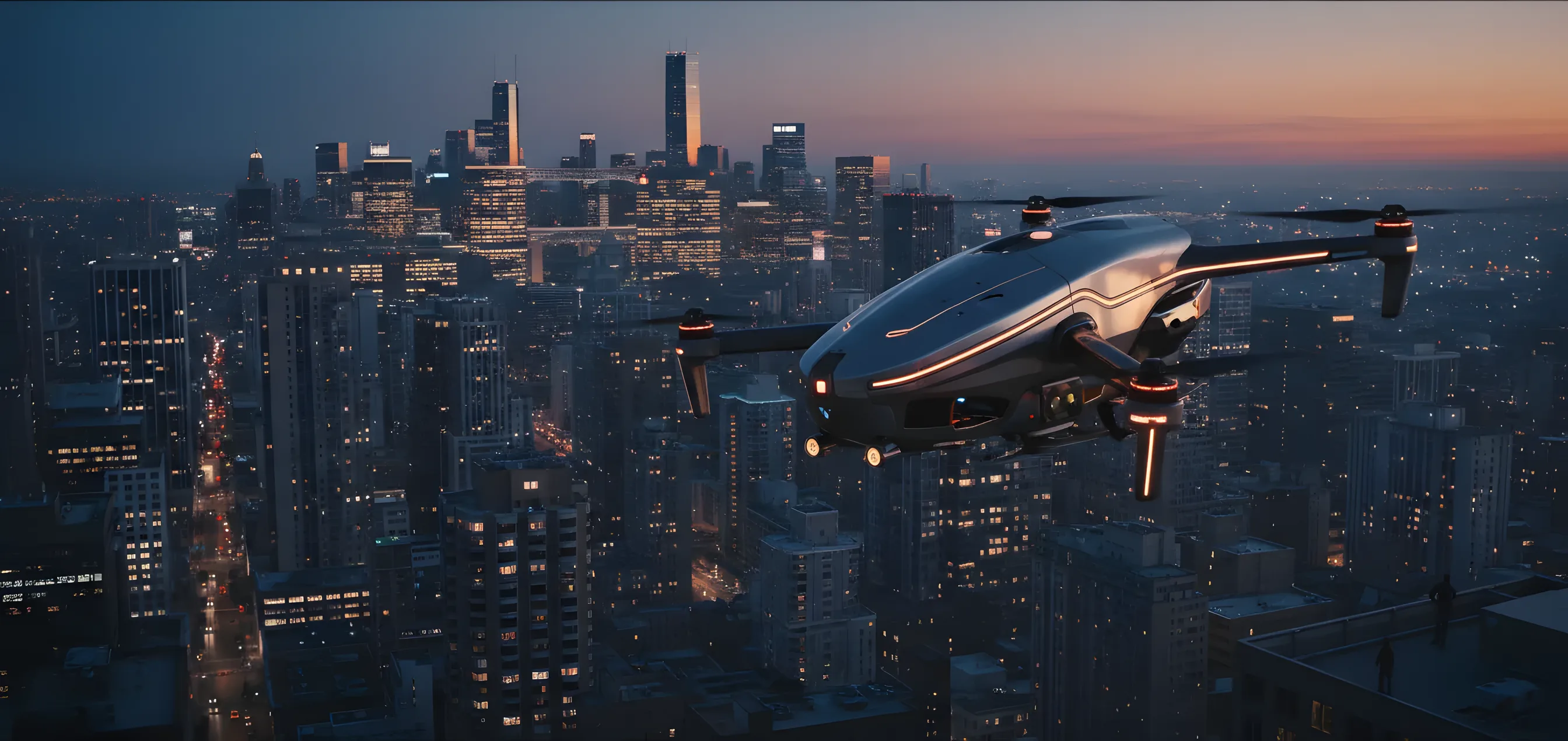A large medical drone flies over a city at dusk, carrying a transport container.