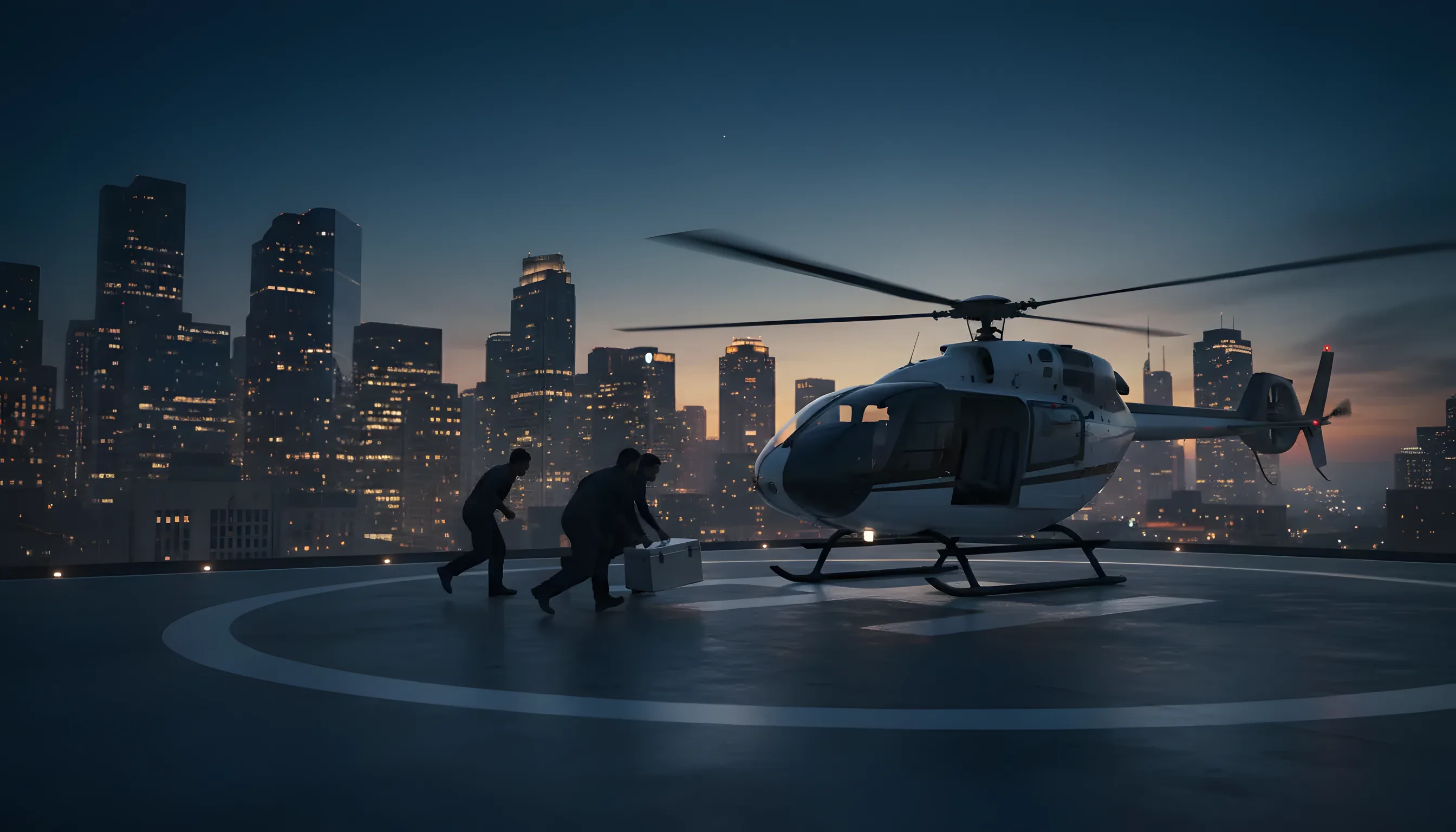 A helicopter on a hospital rooftop helipad at dusk, preparing for takeoff as a medical team approaches.
