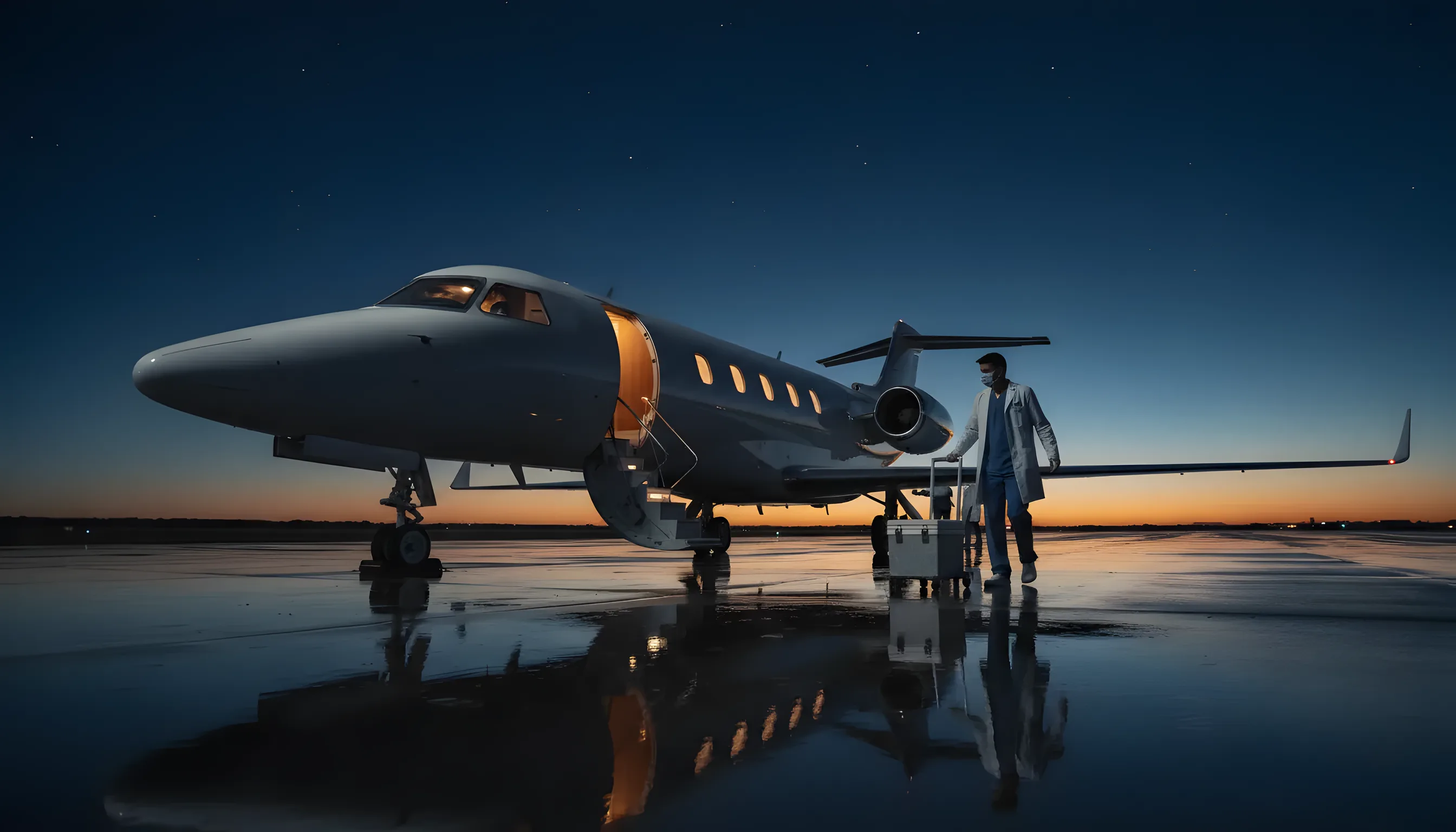 A medical cooler is moved toward a private jet on an airfield at dusk.