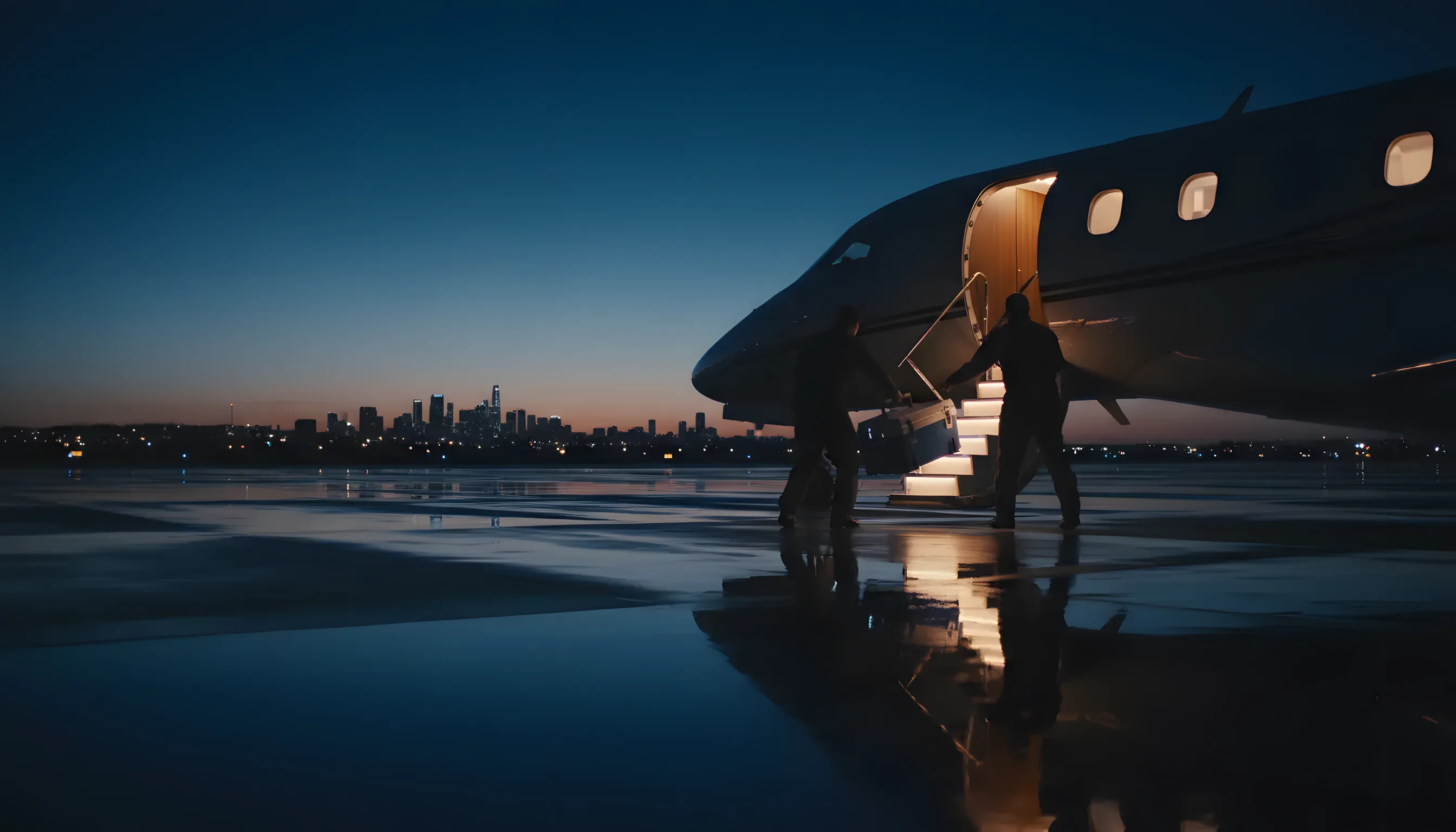 A medical transport cooler is loaded onto a private jet on an airport tarmac at dusk.