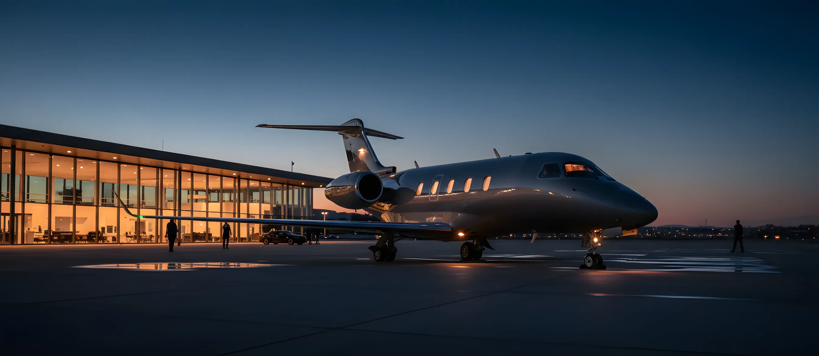 A private jet on an airfield at dusk, with a modern, illuminated terminal in the background.