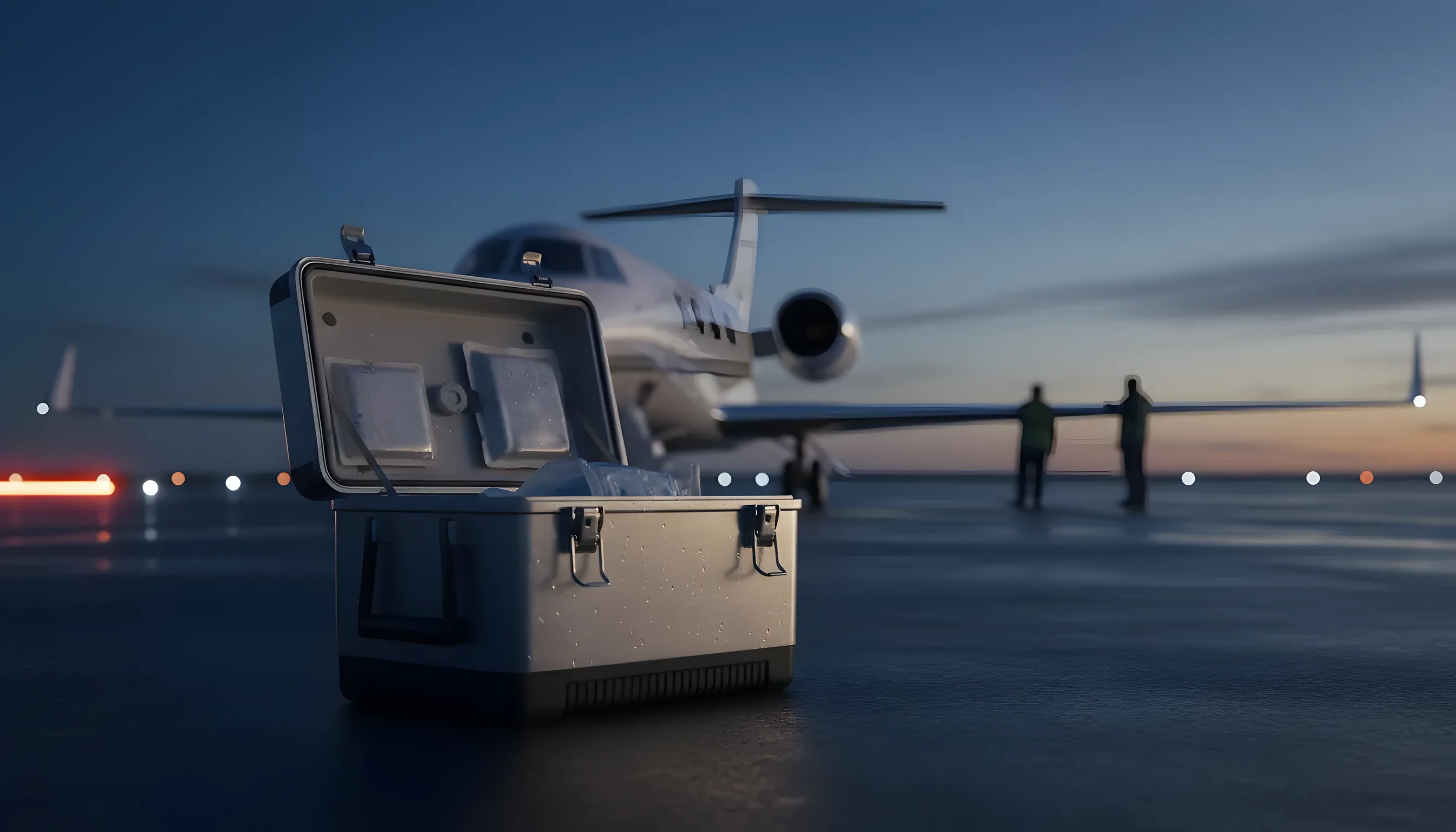 A medical transport cooler on an airport tarmac with a private jet in the background at dawn.