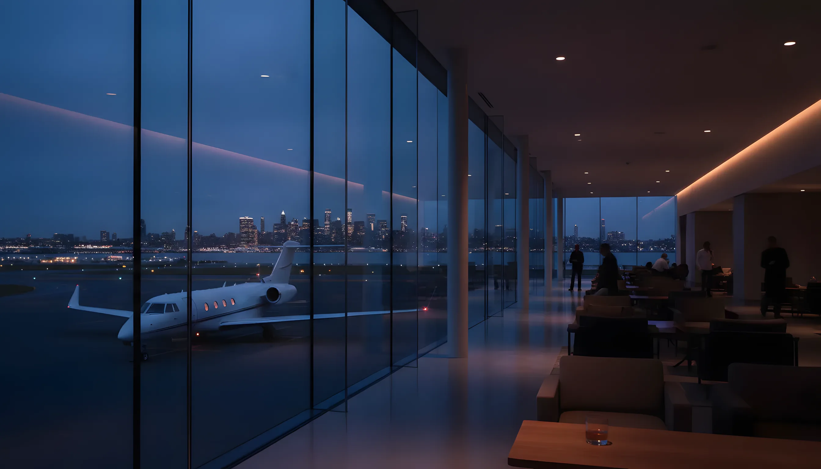 A private jet on an airport tarmac at dusk, viewed from inside a modern terminal, with a city skyline in the background.