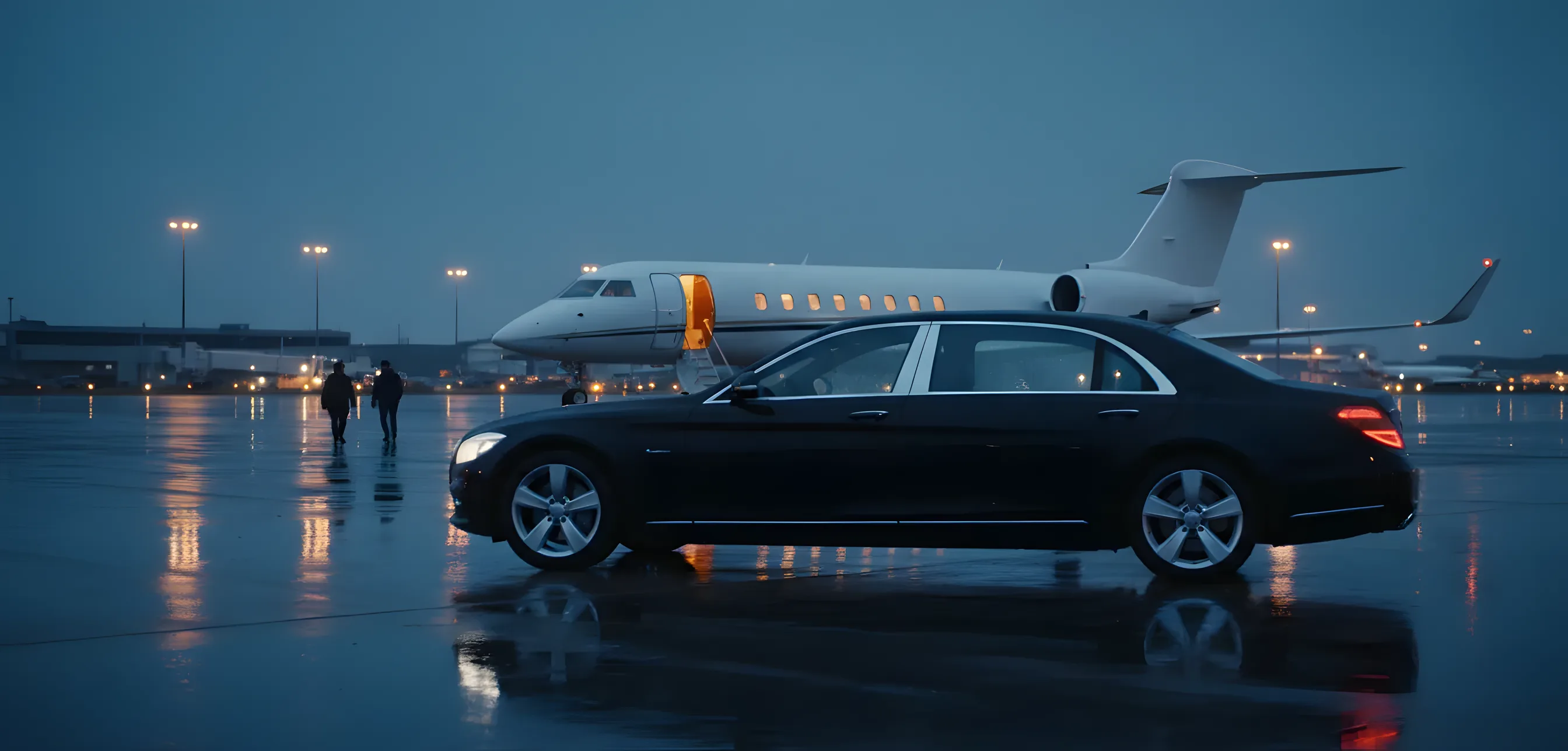 A luxury sedan awaits on the tarmac next to a private jet at twilight.