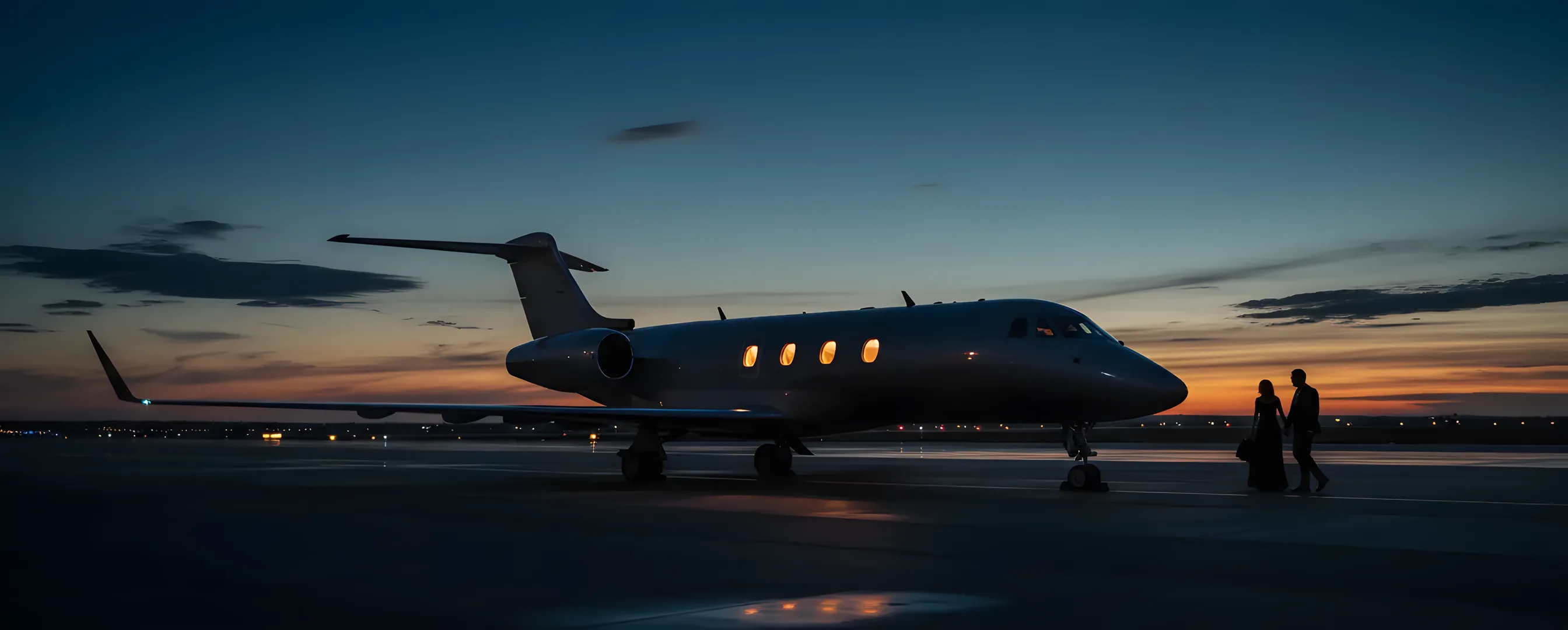 A couple walks toward a private jet on an airport tarmac at dusk.