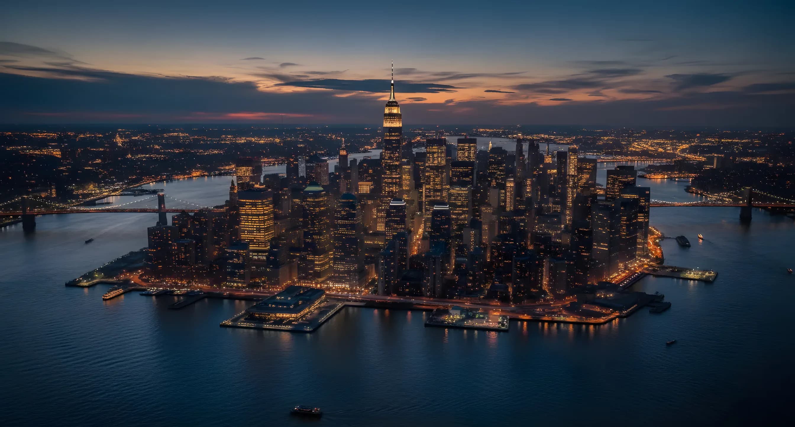 Aerial view of the Manhattan skyline at dusk, with city lights glowing against a dark blue sky.