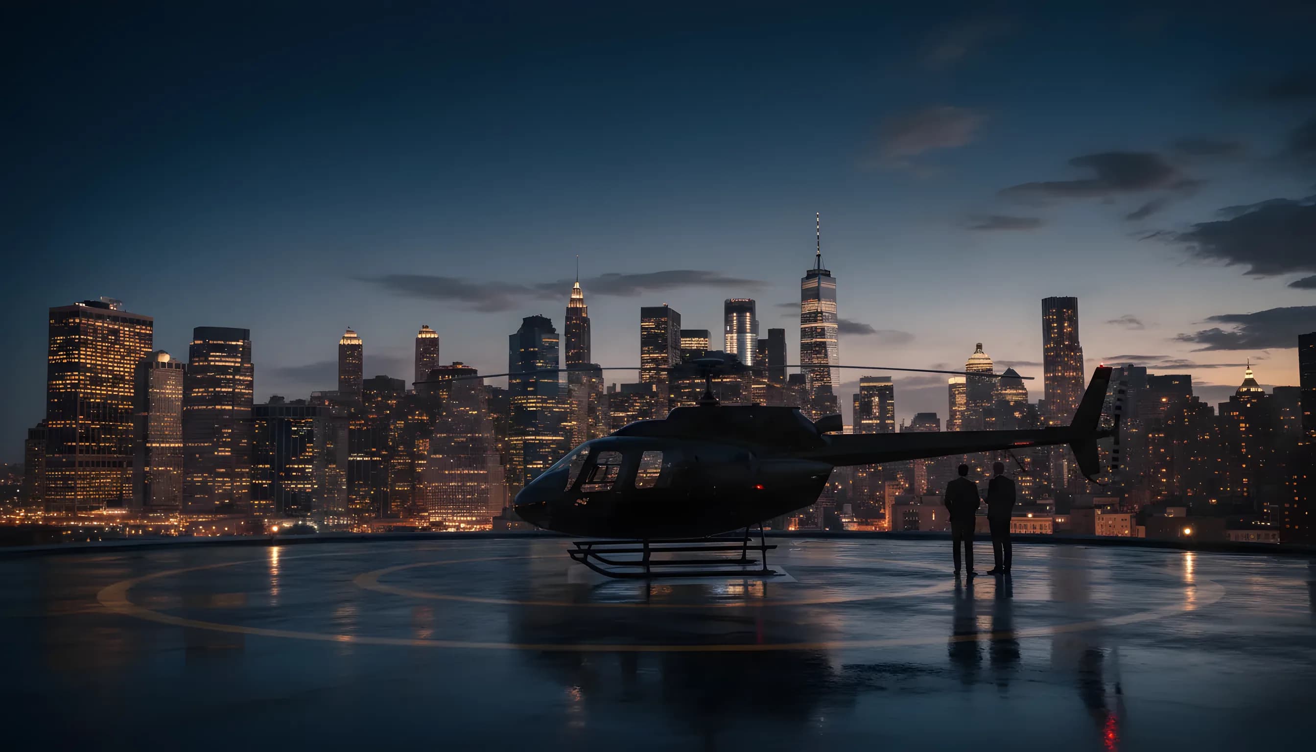 A helicopter on a rooftop helipad overlooking the New York City skyline at dusk.