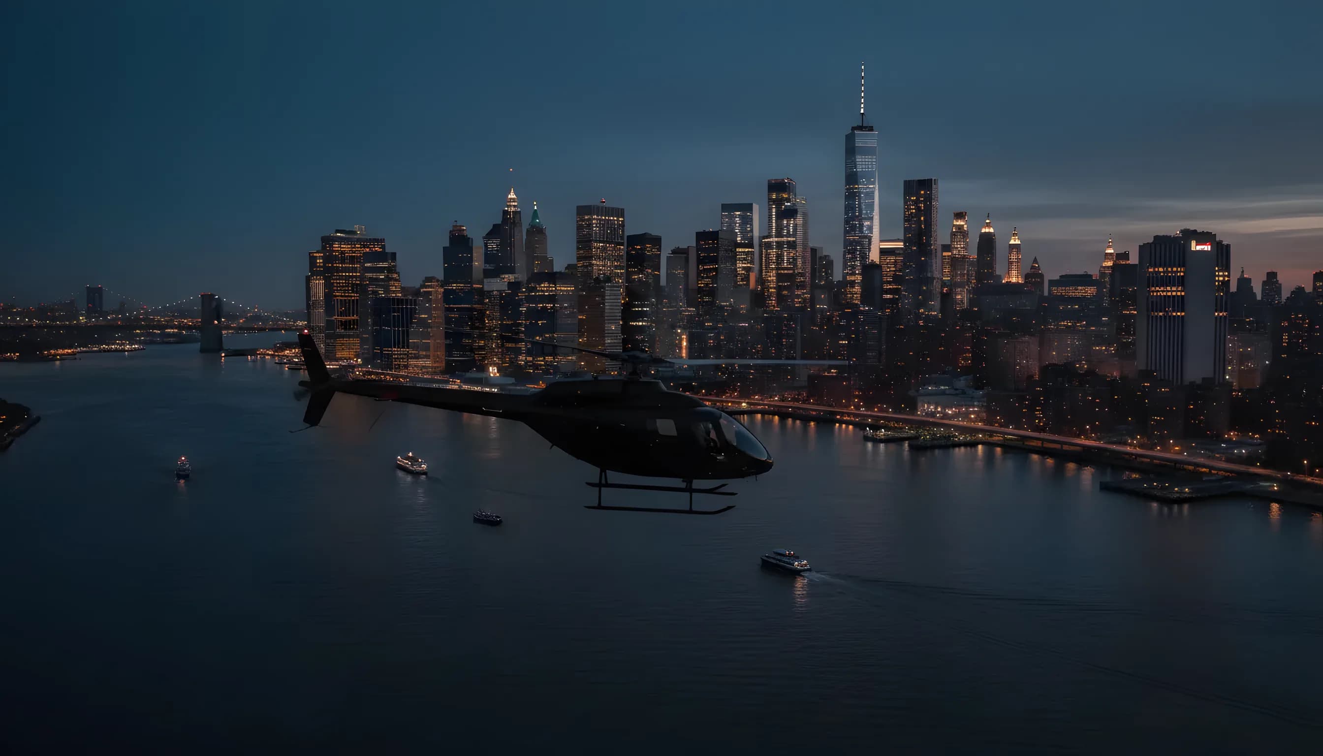 A helicopter flies over a river towards the illuminated Lower Manhattan skyline at dusk.