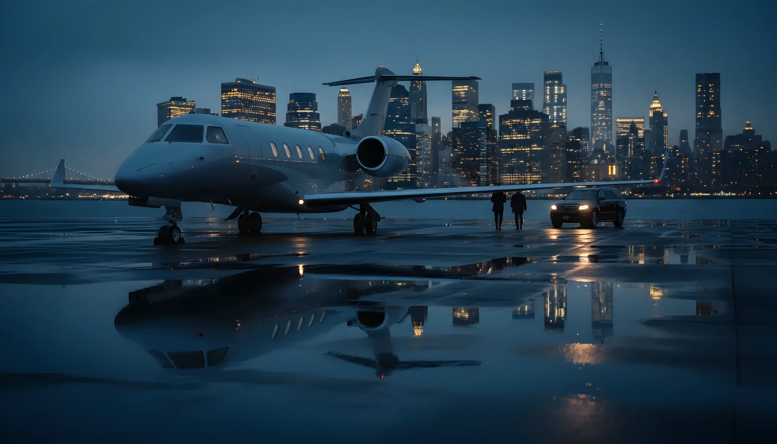 A private jet on an airfield tarmac with the New York City skyline in the background at dusk.