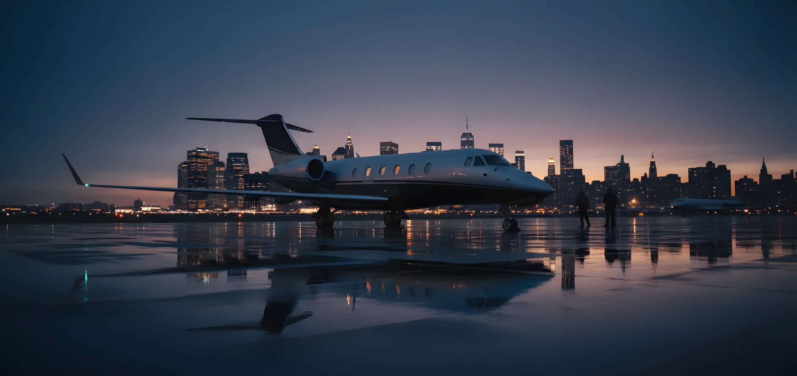 A private jet on a tarmac at dusk with the New York City skyline glowing in the background.