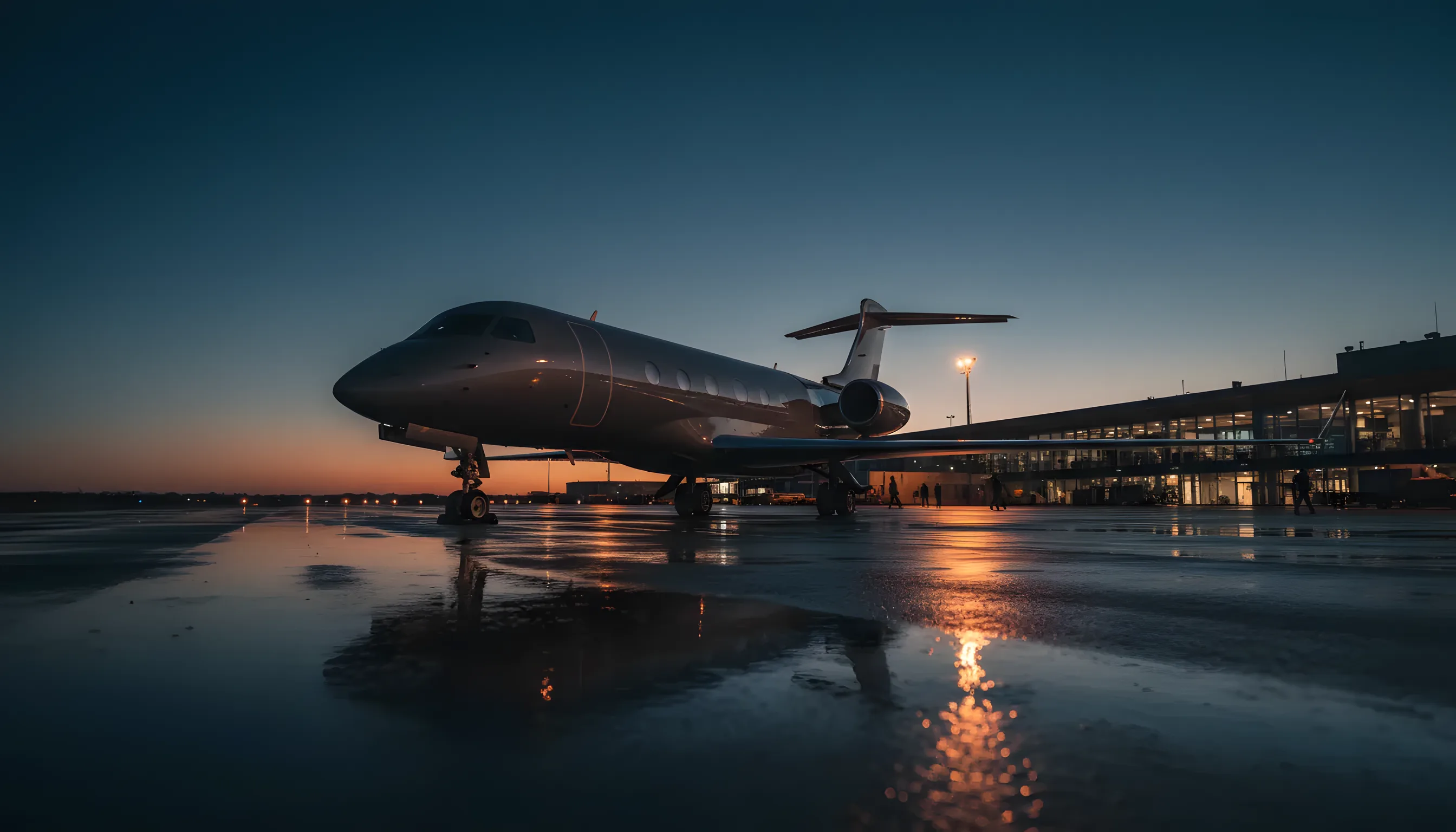 A private jet on an airport tarmac at dusk, with the warm lights of a terminal glowing in the background.
