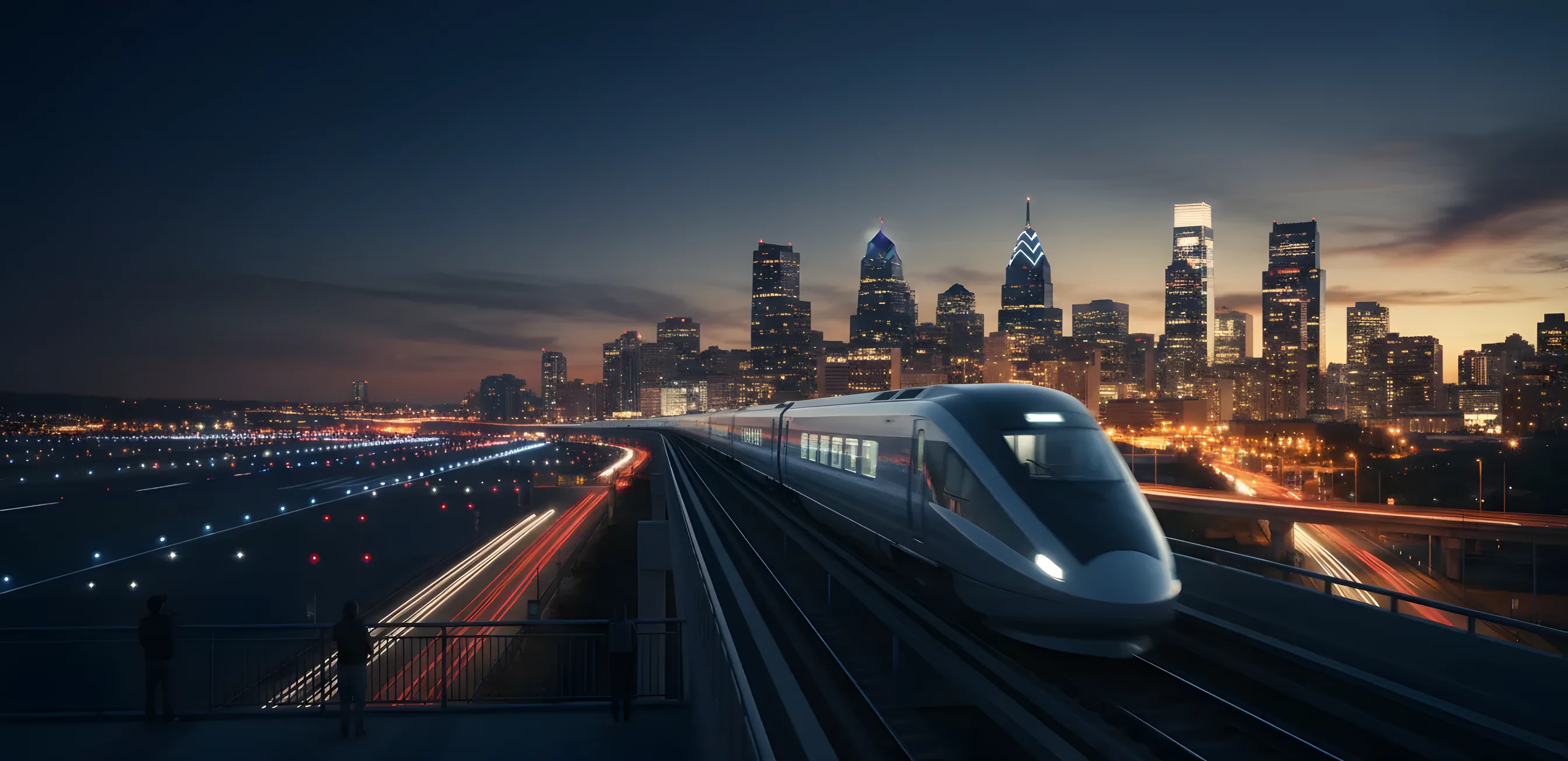 A modern train travels at speed during blue hour, with an airport in the distance and the Philadelphia skyline ahead.