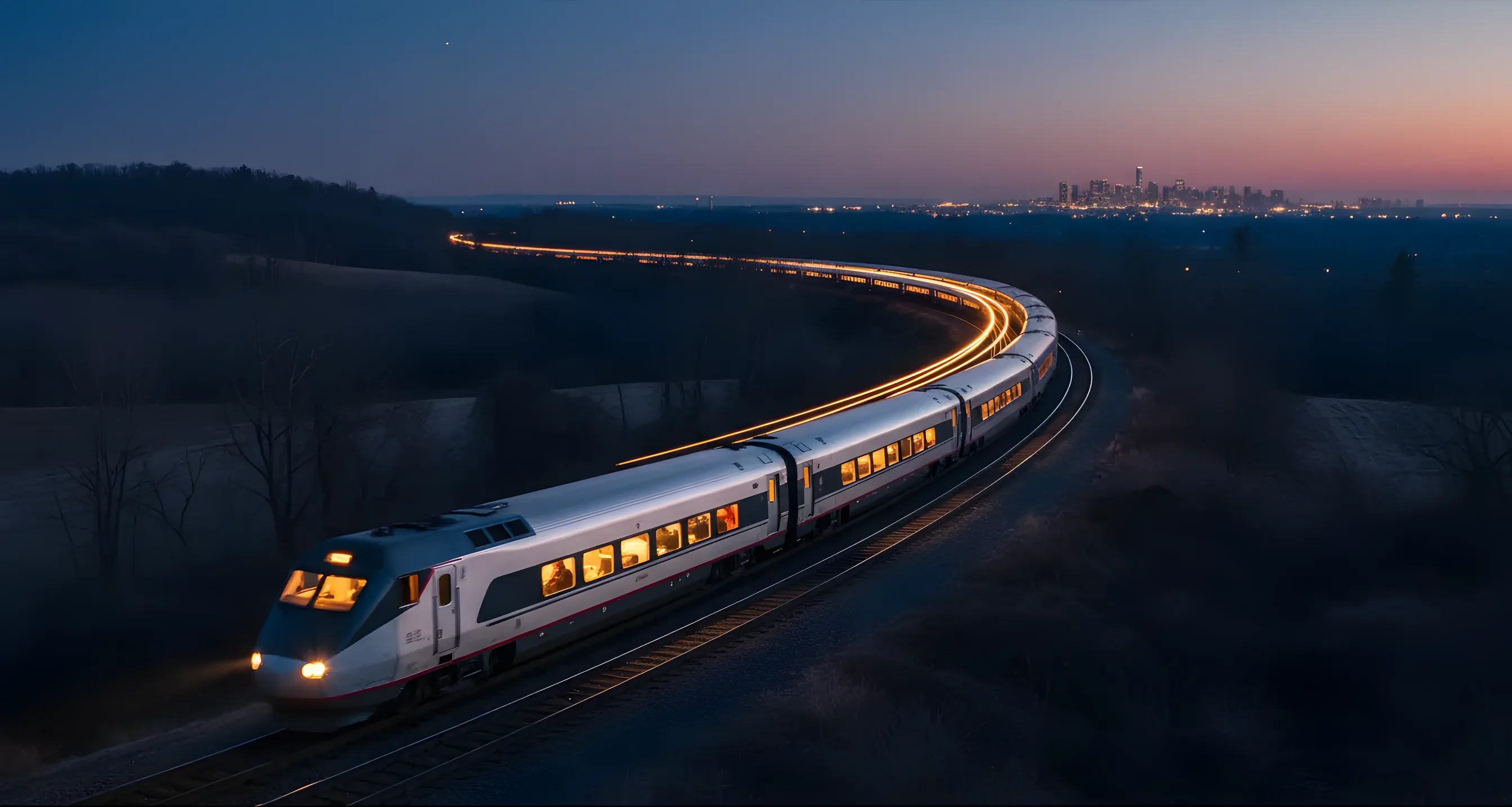 A modern passenger train travels through a landscape at dusk, its glowing windows a blur of motion against a dark blue sky.
