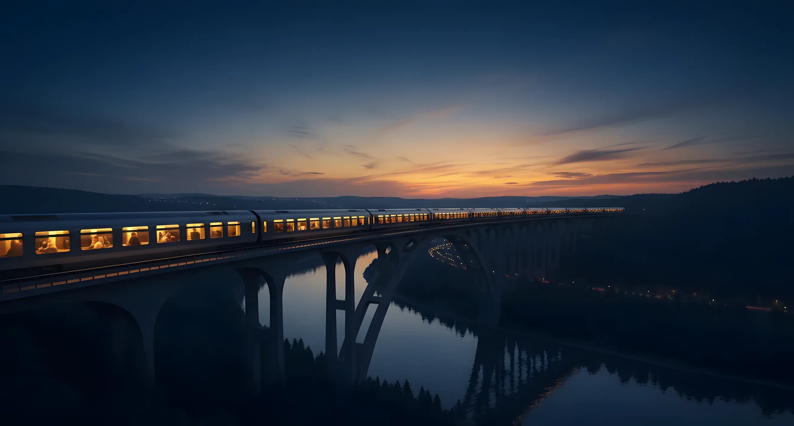 A passenger train with glowing windows crosses a bridge over a river at dusk.