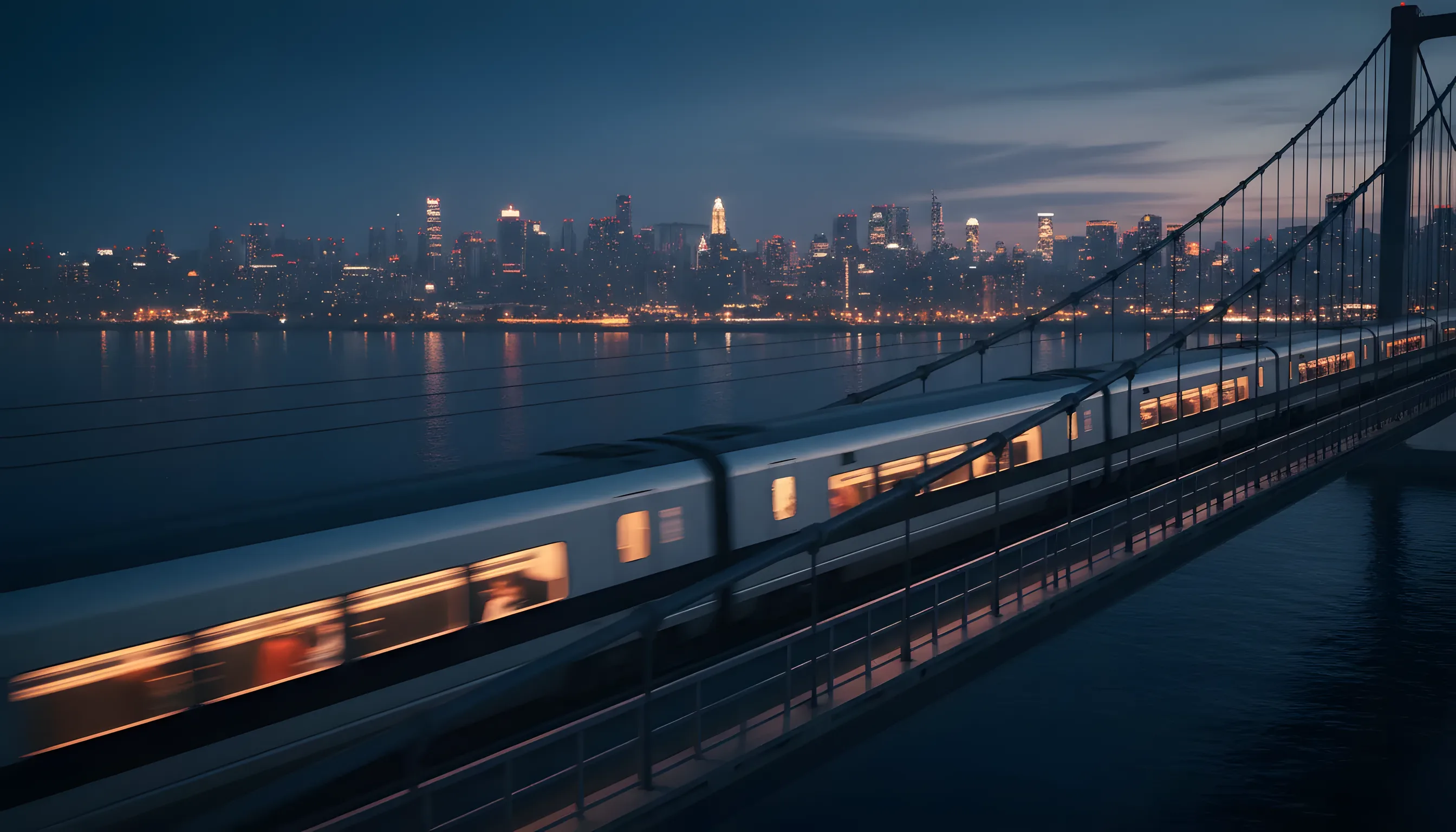 A modern train with lit windows crossing a bridge at dusk, with a city skyline in the background.