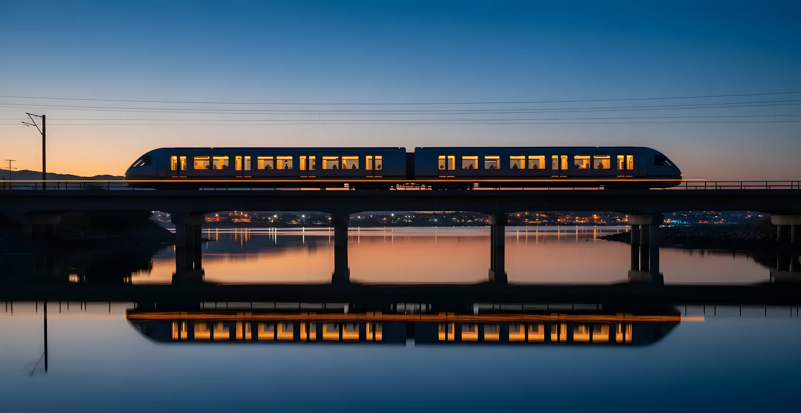A modern commuter train travels over a bridge at dusk, with lights from the train and a distant town reflecting on the water.