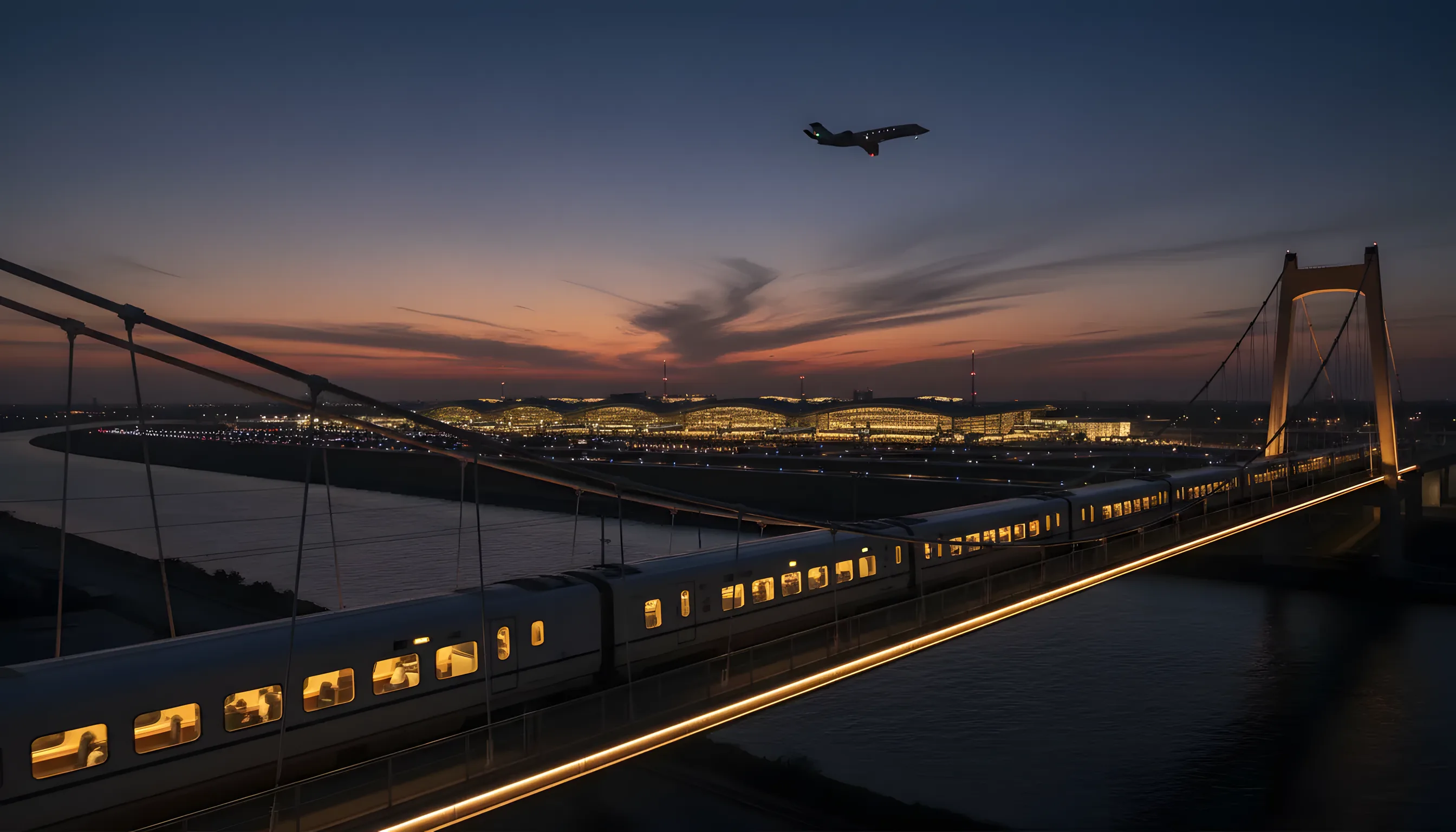 A modern train travels towards an airport at dusk as a jet takes off in the background.