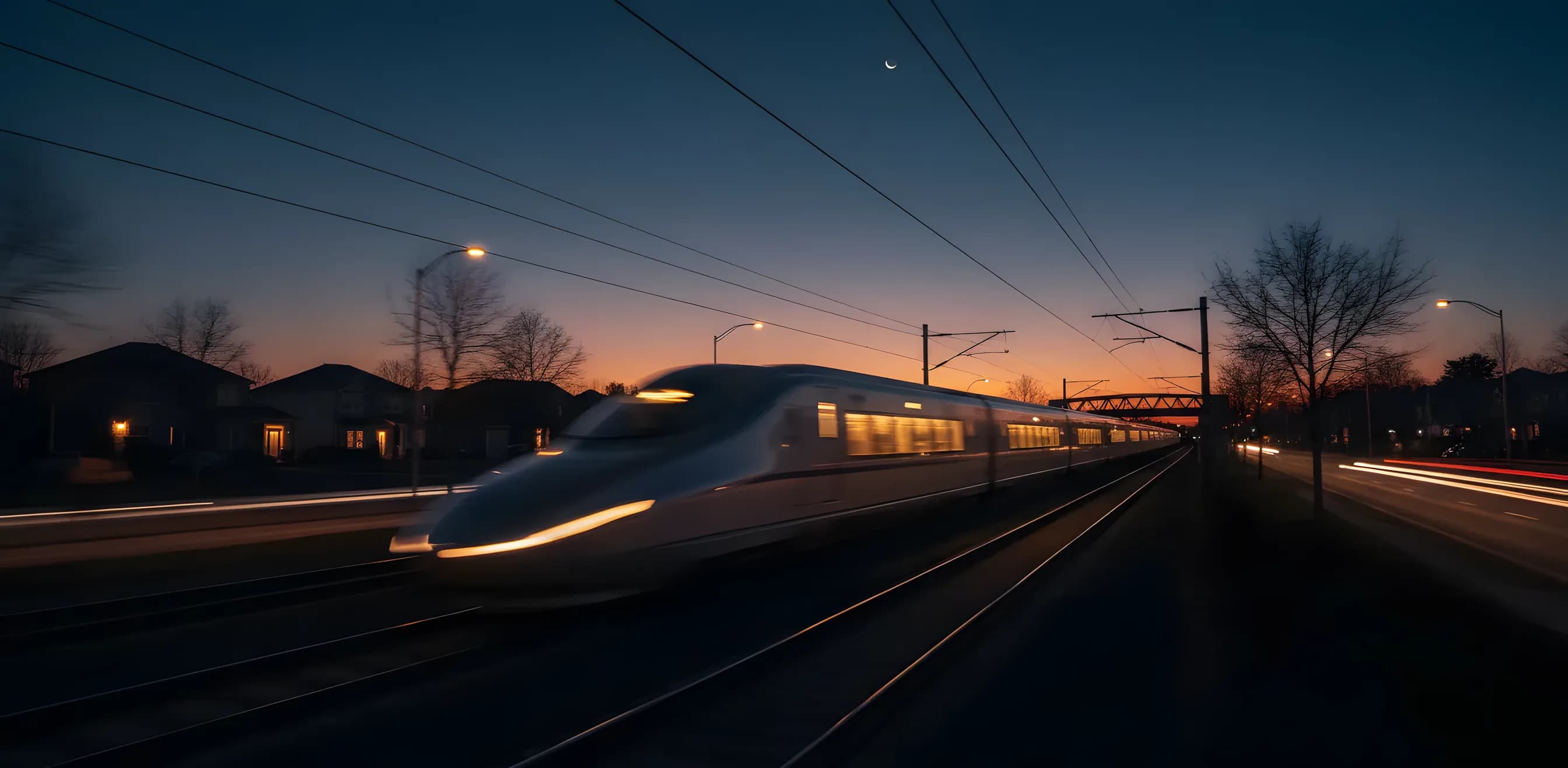 A modern train blurred with speed travels through a landscape at dusk.