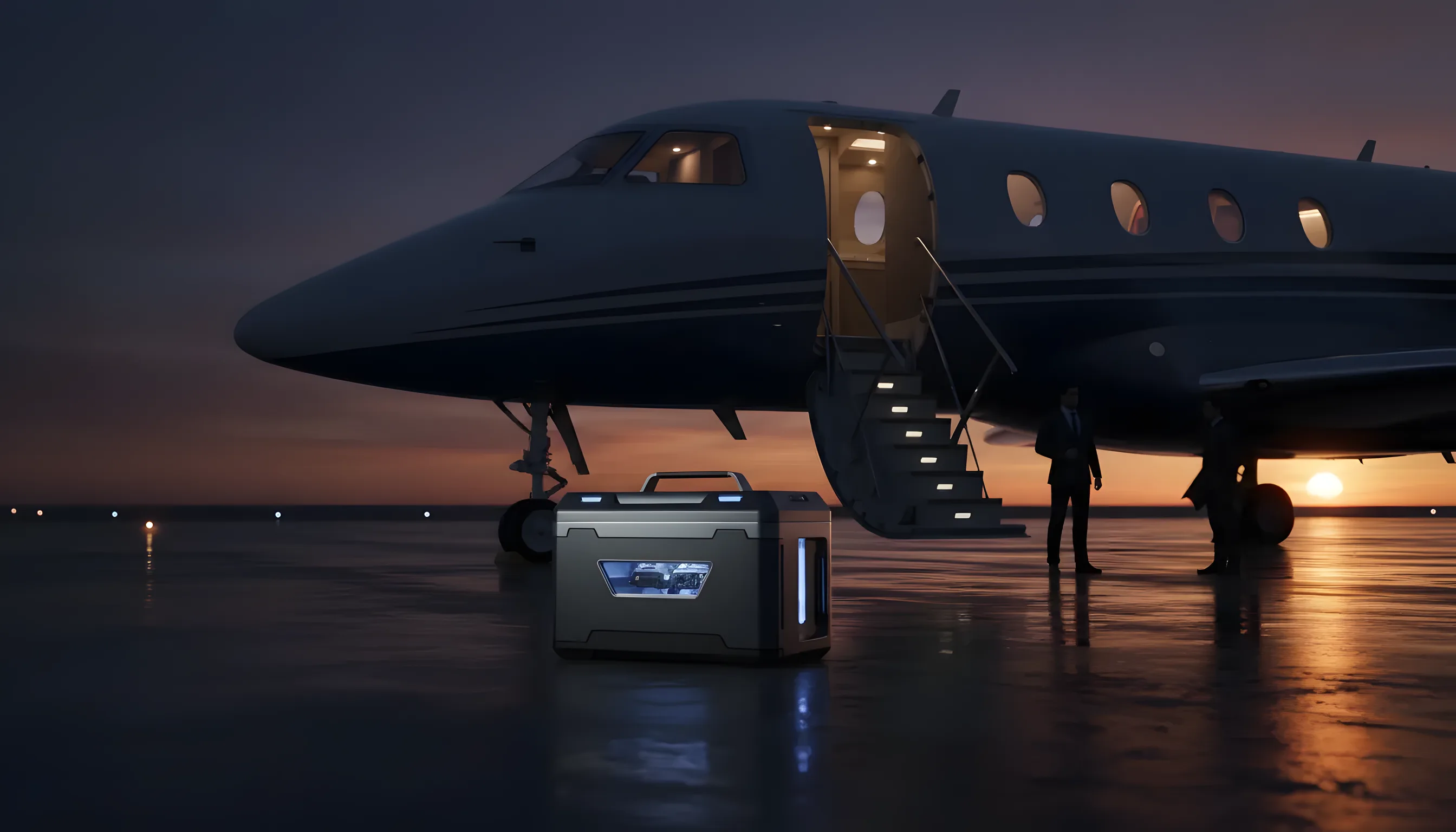An organ transport cooler sits on the tarmac beside the steps of a private jet at sunrise.